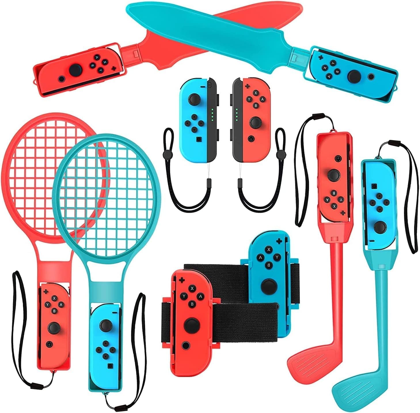 2022 Switch Sports Accessories Bundle - 10 in 1 Family Accessories Kit for witch Sports Games:Tennis Rackets,Sword Grips,Golf Clubs,Wrist Dance Bands & Leg Strap,Joy-con Wrist Band, Comfort Grip Case.