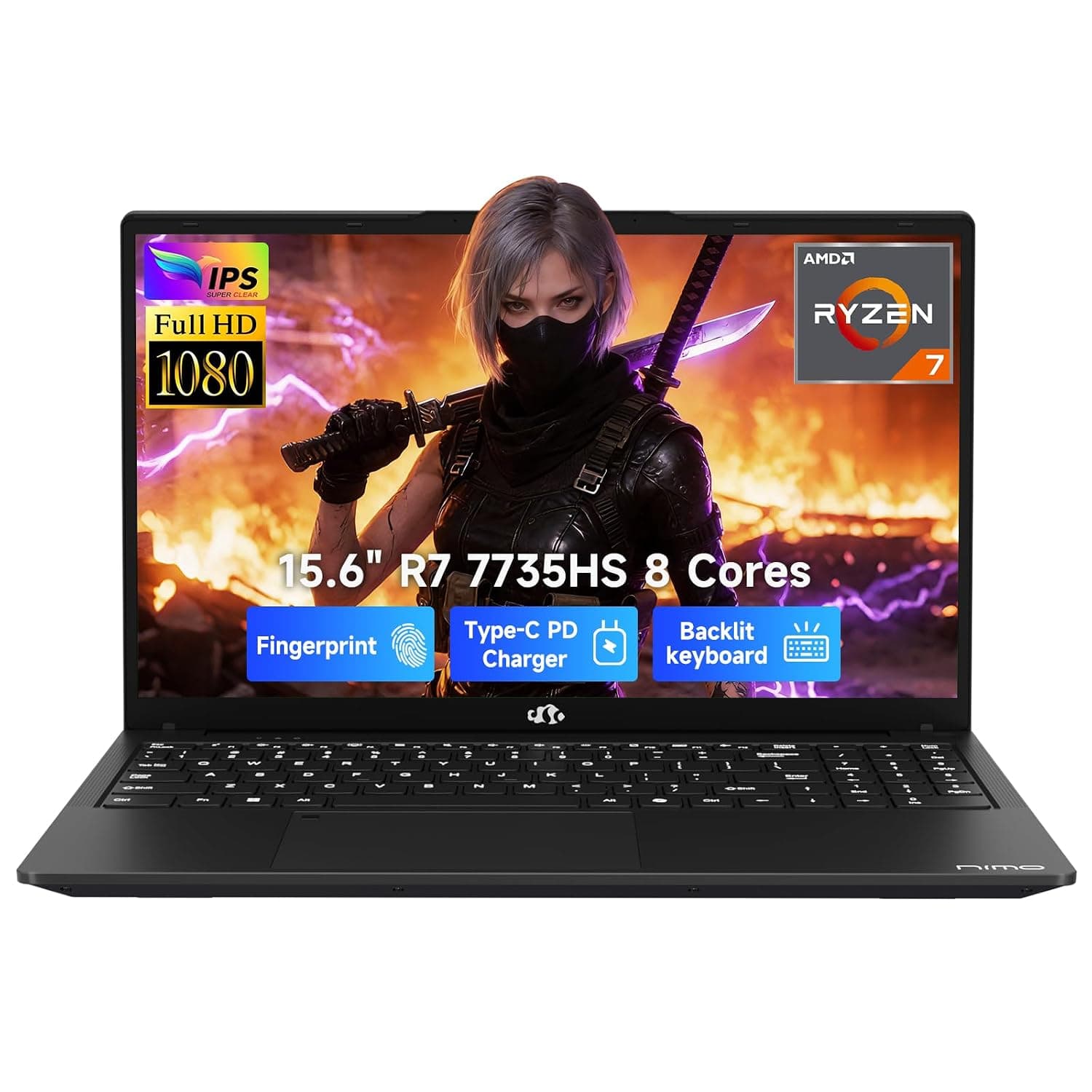 NIMO 15.6" IPS FHD-Gaming-Laptop, AMD Ryzen 7 7735HS 64GB DDR5 RAM 2TB SSD (Beats i7-12650H, 8C/16T, Up to 4.75GHz) Computer with Radeon 680M Graphics 100W Type-C Backlit Keyboard Fingerprint