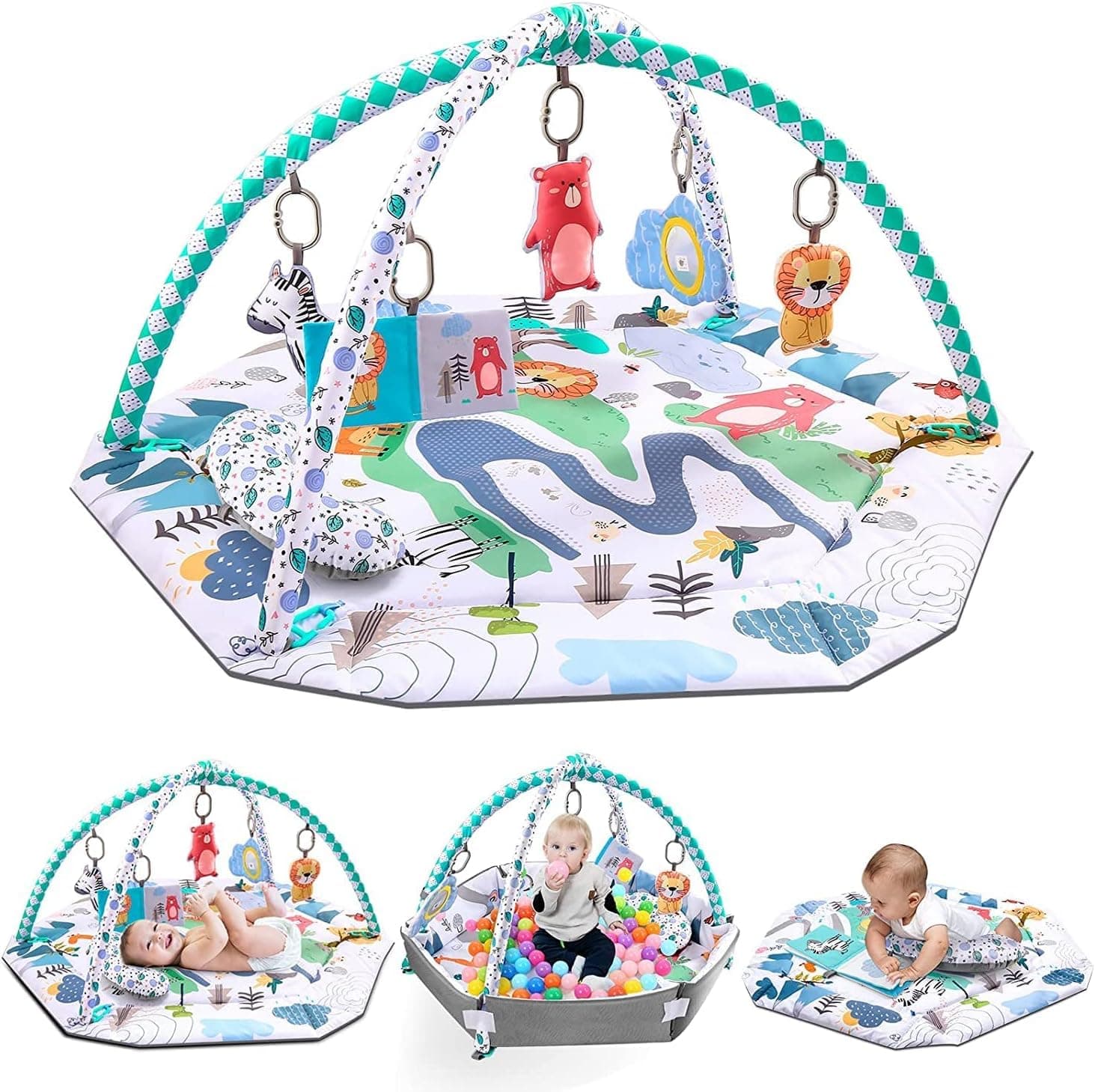 Tazweeq 4-in-1 Baby Play Mat Gym, Deluxe Tummy Time Activity Mat with High-Contrast Toys, Discovery Mirror, Pillow & Ball Pit for Newborn Infant Sensory & Motor Skill Developmen