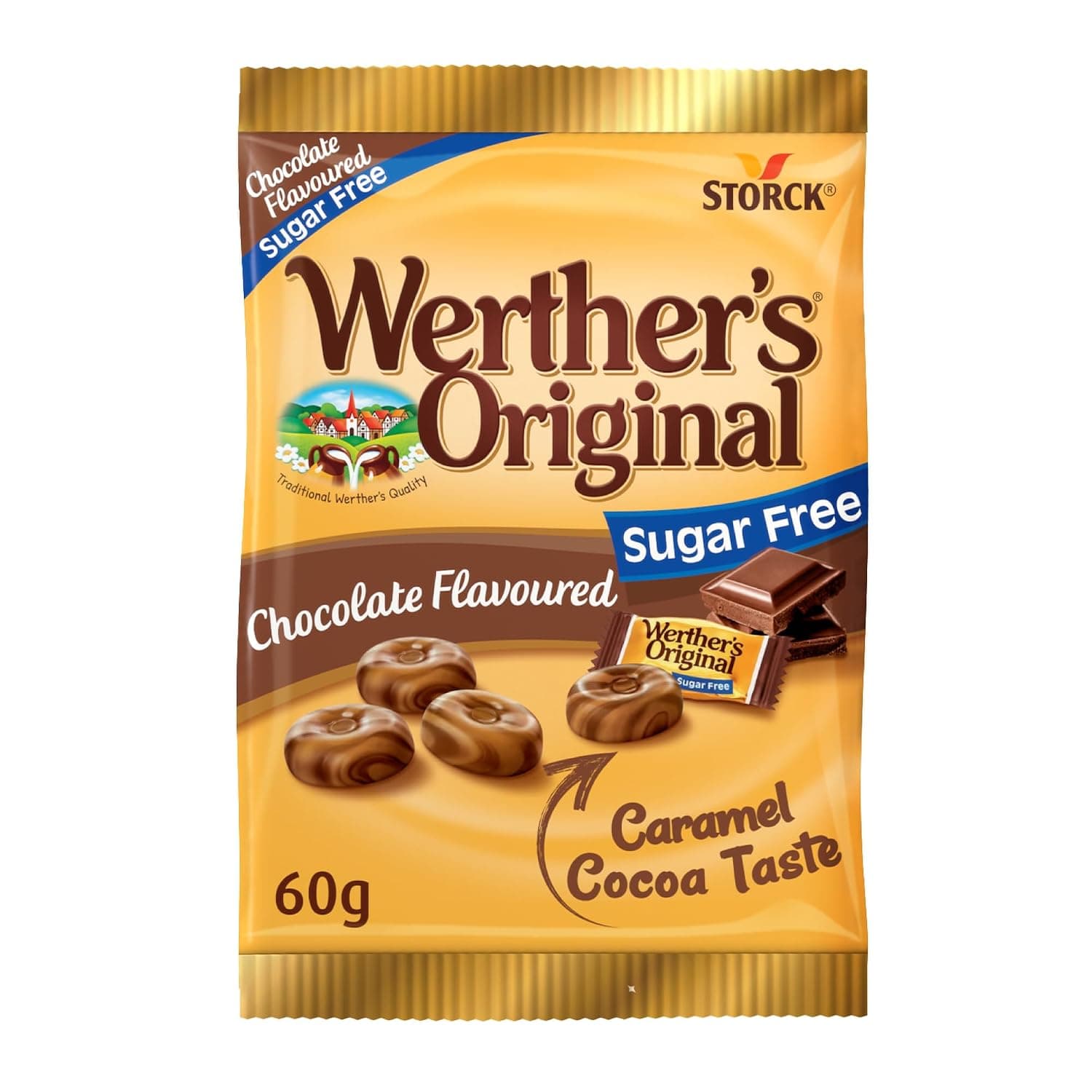 Werther's Original Chocolate Flavoured Caramel Candies, 60 g, Sugar Free Creamy Traditional Flavor Perfect For Sharing with your Family and Friends