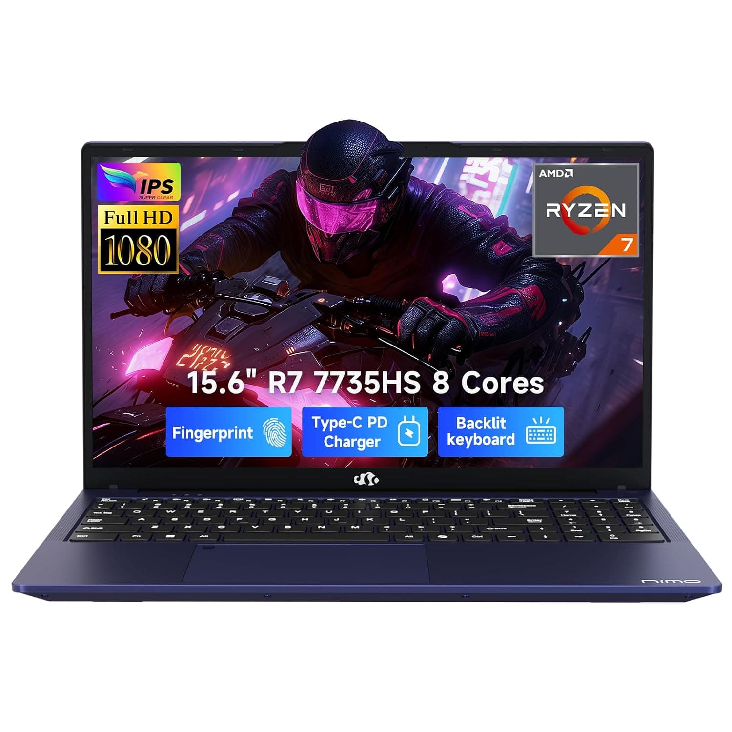 NIMO 15.6" IPS FHD-Gaming-Laptop, AMD 8 Cores Ryzen 7 7735HS 64GB DDR5 RAM 1TB SSD (Beats i7-12650H) Computer with Radeon 680M 100W Type-C Charger Backlit Keyboard Fingerprint, for Gaming Business