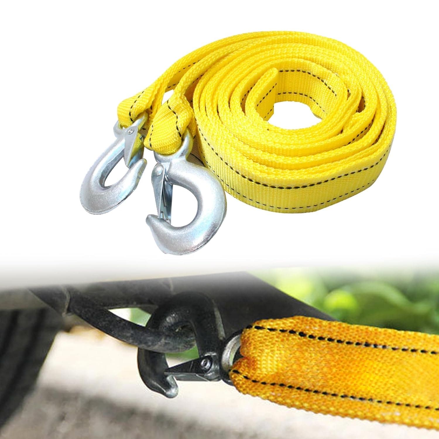 X spring Tow Strap with Hooks, 11,000 lbs Capacity Recovery Rope, 4 M Heavy Duty Towing Straps with Metal Safety Hooks, Durable Tow Rope for Vehicles, Tow Hook Straps Cars for Roadside Emergency