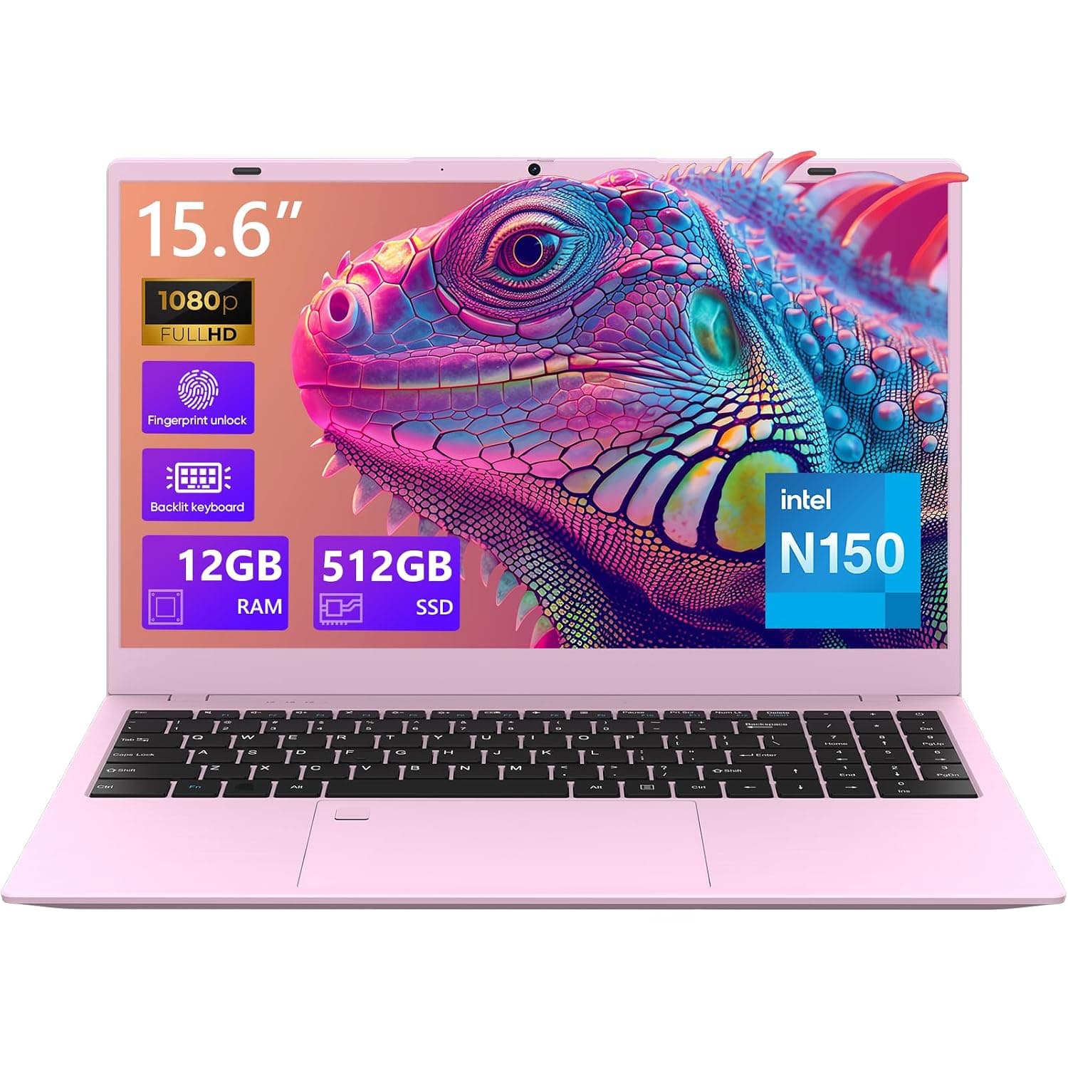 Pink Laptop,15.6 Inch Laptop Computer,12GB RAM 512GB SSD,4-Cores N150 Processor(Beat to N95,N5095),Up to 3.6 GHz,Fingerprint, Backlit KB, WiFi6,BT5.2,Webcam,USB-C,Gifts for Women