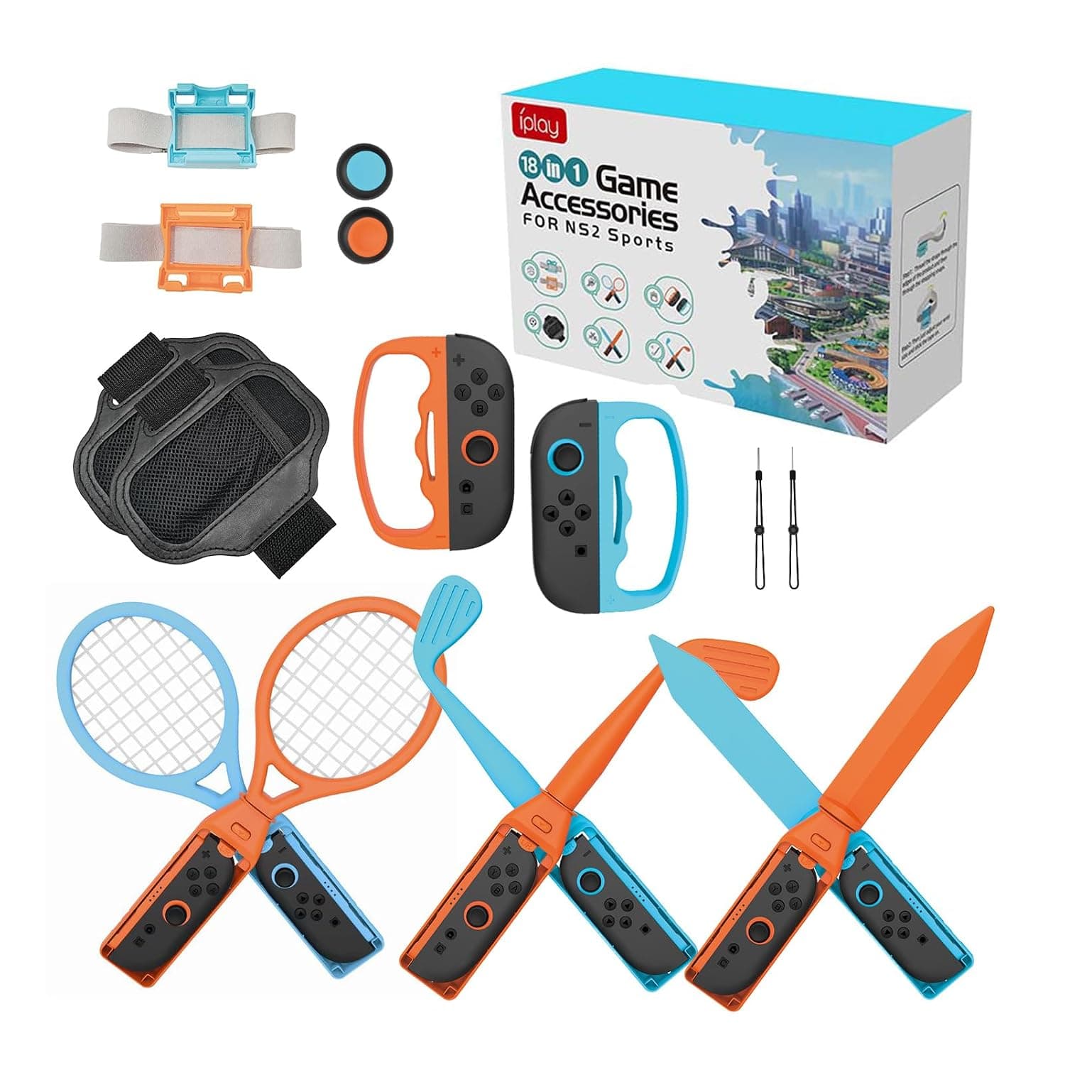Sports Accessories Bundle for Nintendo Switch 2 – 18 in 1 Family Accessories Kit by MMOBIEL – Sports Games Bundle with Tennis Rackets, Golf Clubs, Swords, Leg/Wrist Straps, Thumb Caps, Lanyards & More