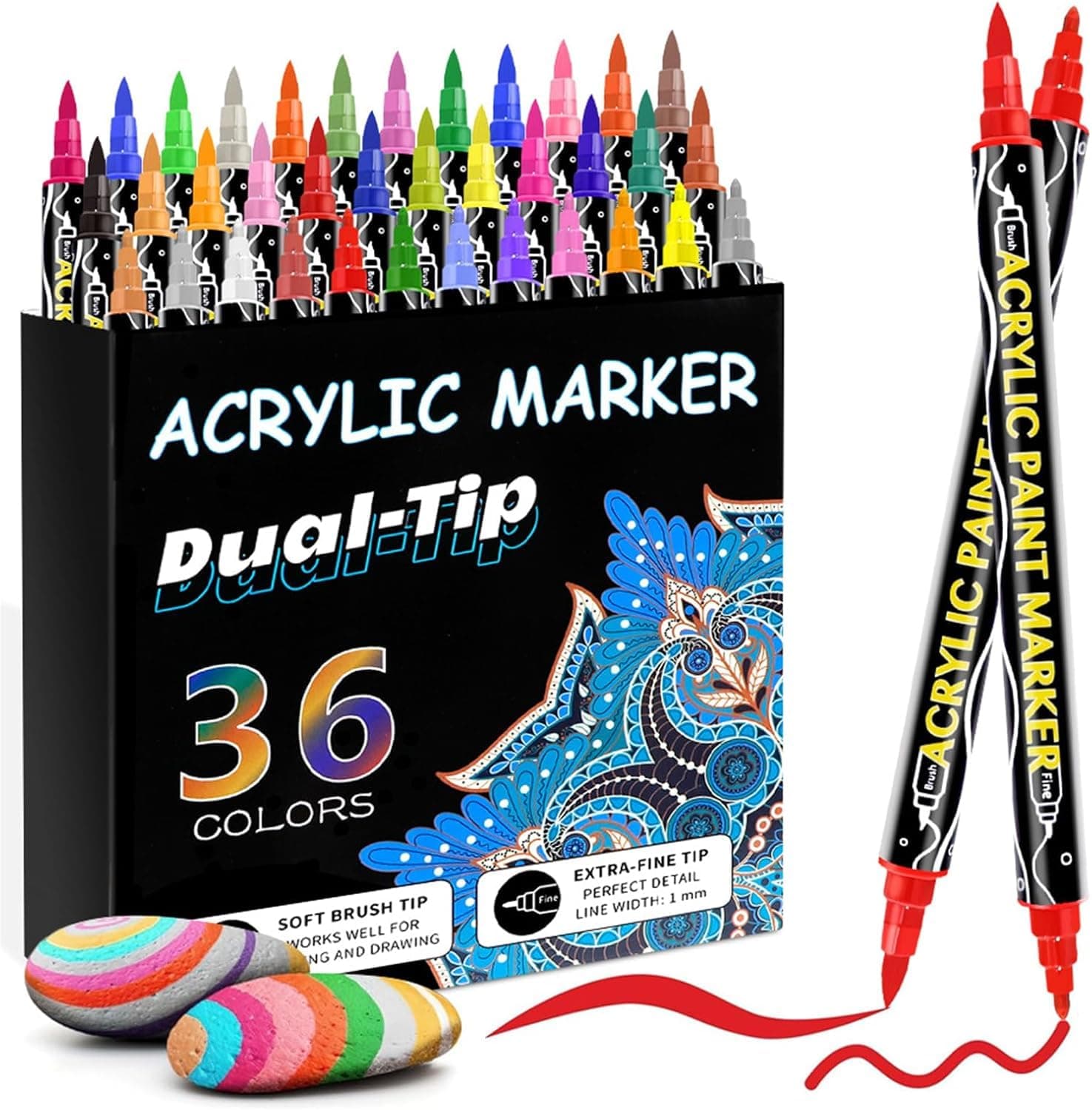 Acrylic Marker Pen, 36 Water-Based Colors, Quick-Drying Non-Toxic Illustration & Cartoon Pens, Thick Ends, Water-Resistant & Fade-Resistant, Ideal for Kids