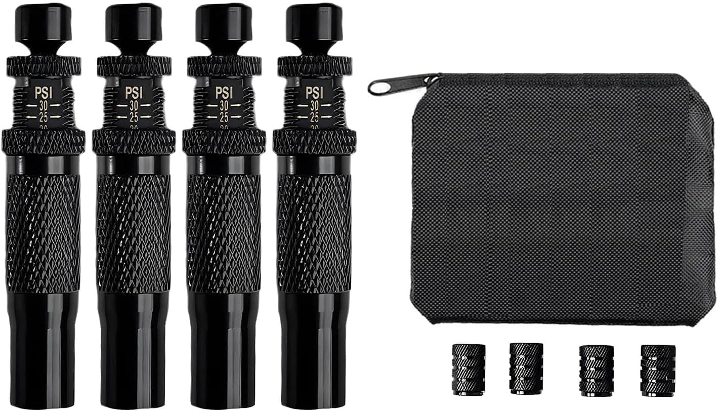 Aputue Adjustable Auto Stop Tire Deflator Valve Kit, Complete 4 Piece Tire Deflation Tool with Protective Case, Automatic Tire Pressure Release Valves for Jeep, Truck, Motorcycle and ATV Vehicles