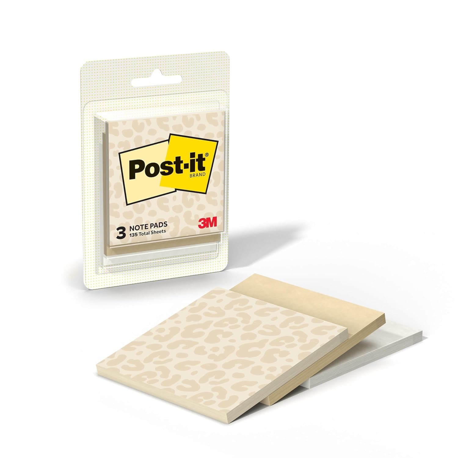 Post-it Polished Patterns Sticky Notes, Spot On Design Featuring 1 Leopard Pattern, 1 Sand Dune, and 1 Cloud Dancer Sticky Note Pad, 3 in. x 2.9 in., 45 Sheets per Pad