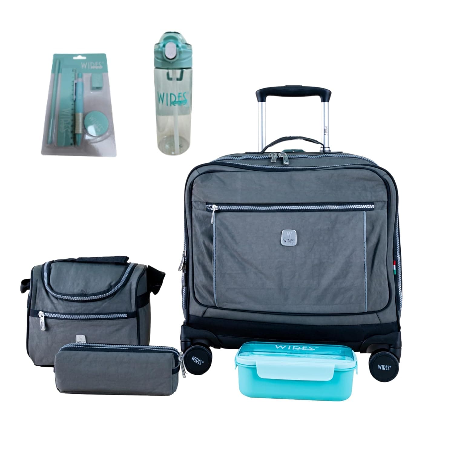 WIRES 8 Wheels trolley bag with lunch bag, pencil case and lunch box, Dark Grey, Classic