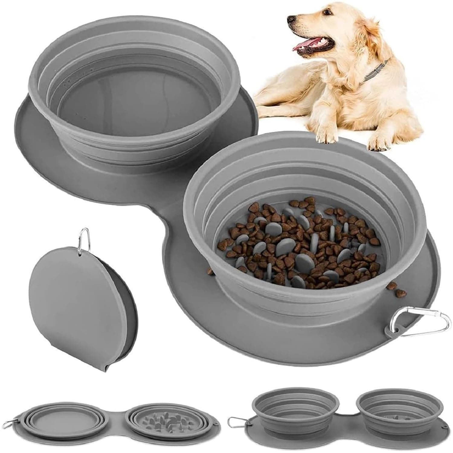 Paporich Dog Bowls, 2 in 1 Collapsible Pet Food Feeding, Portable Travel Pet Bowls, Integrated Molding Dog Double Bowl No Plastic Rim for Traveling, Hiking, Camping