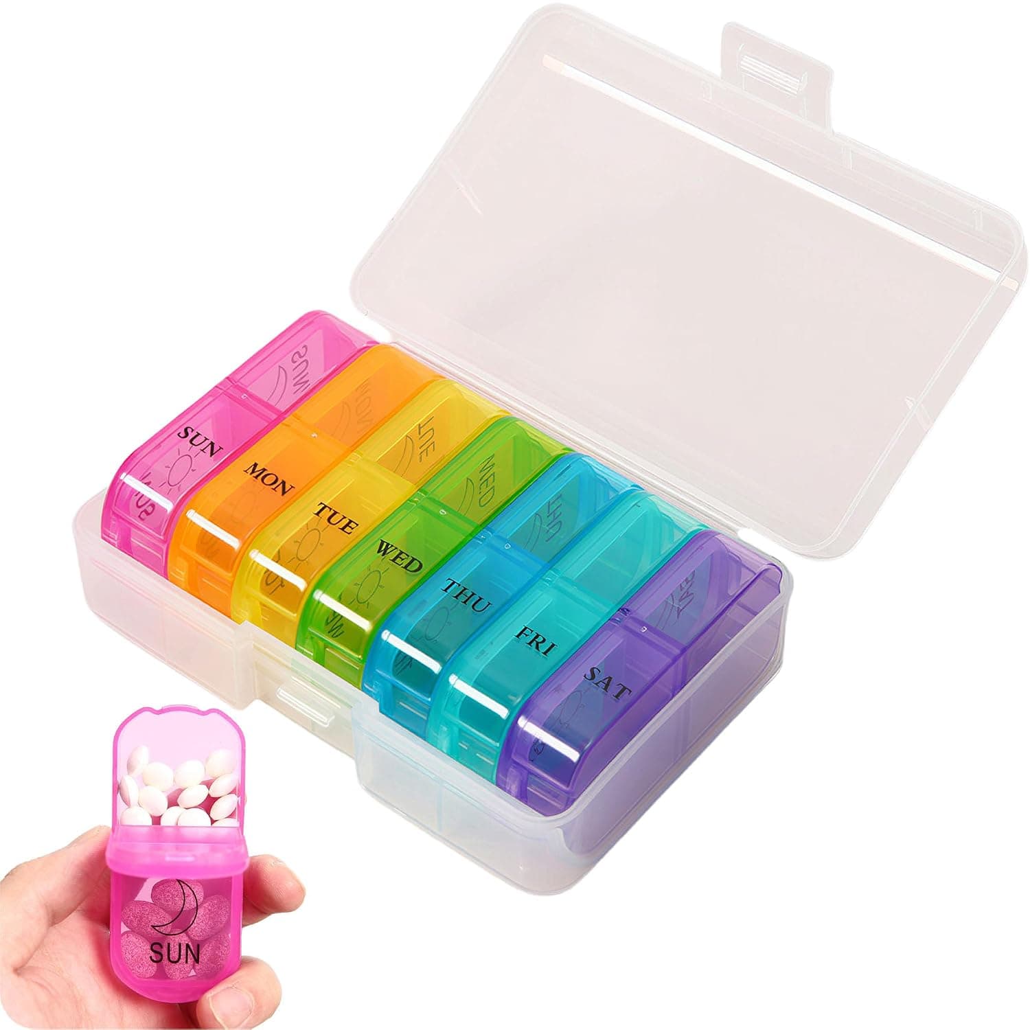 ToolHouse Large Capacity Pill Organizer 14 Slots 7 Day, Weekly Pill Box for Travel, Portable Medicine Case for Vitamins Fish Oil Supplements, Separated Compartment Box for Purse Bag Drawer, Clear Lid