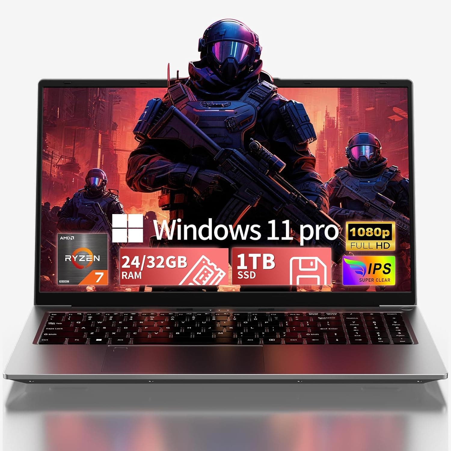 2026 15.6" FHD Gaming Laptop: AMD Ryzen 7 6800H 45W TDP, 24GB RAM, 1TB NVMe SSD, Windows 11 Pro, Keyboard, 6 Ports, Lightweight 3.5lb for Gaming, Students, Programming, Video Editing