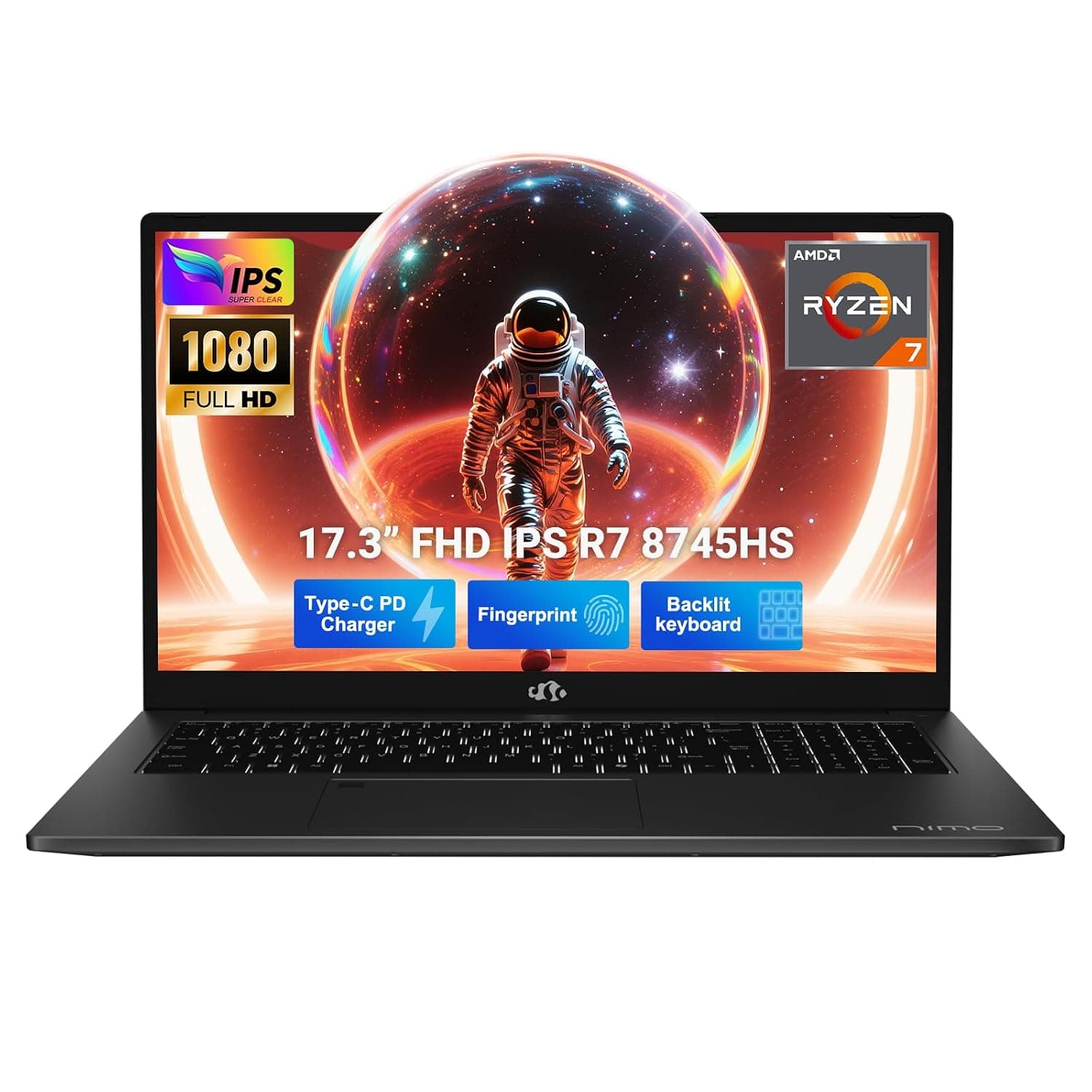 NIMO 17.3" Light-Gaming-Laptop, Ryzen 7 8745HS 8-Core up to 4.9GHz, 32GB DDR5 RAM 2TB SSD, Radeon 780M Graphics, FHD IPS Display, 100W Type-C, Backlit Keyboard, Fingerprint Reader, USB 4.0