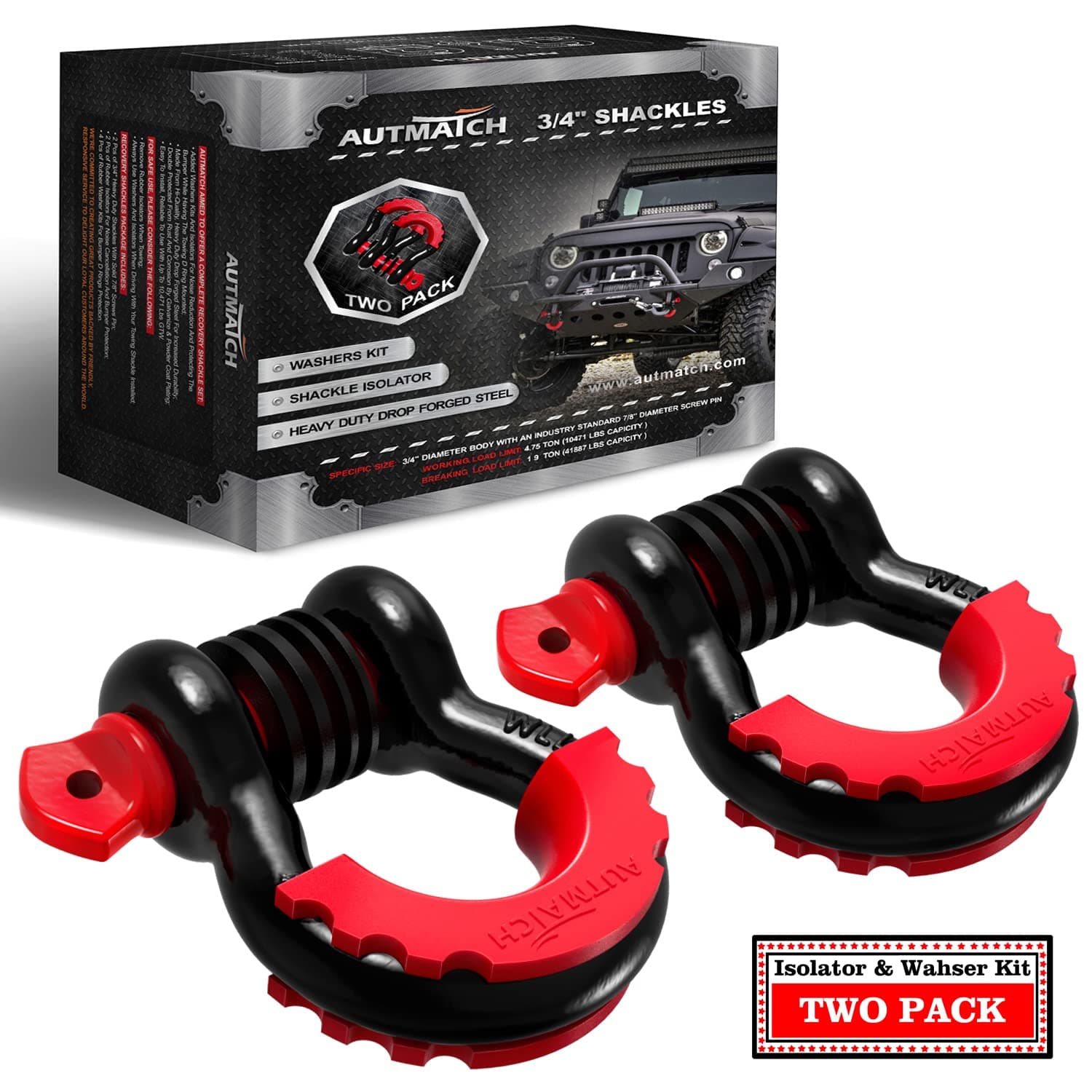 AUTMATCH D Ring Shackle 3/4" Shackles (2 Pack) 41,887Ibs Break Strength with 7/8" Screw Pin and Shackle Isolator Washers Kit for Tow Strap Winch Off Road Vehicle Recovery Black & Red