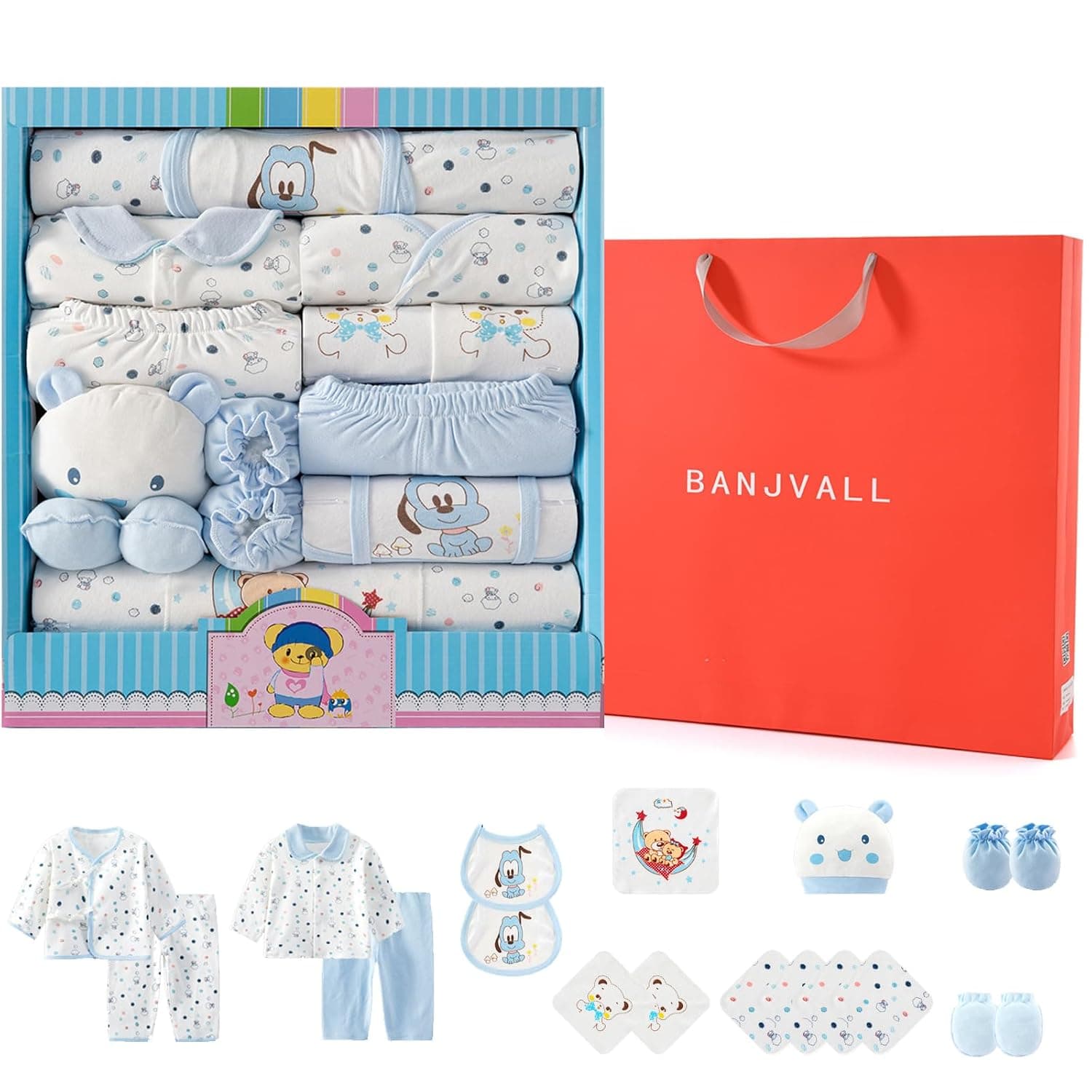 18 PCS Newborn Baby Gifts Set, Newborn Layette Gift Set, Baby Clothes Accessories Set for Boys Girls, Perfect Gift Box for Spring Summer Autumn Winter Four Seasons (Blue Baby Set)