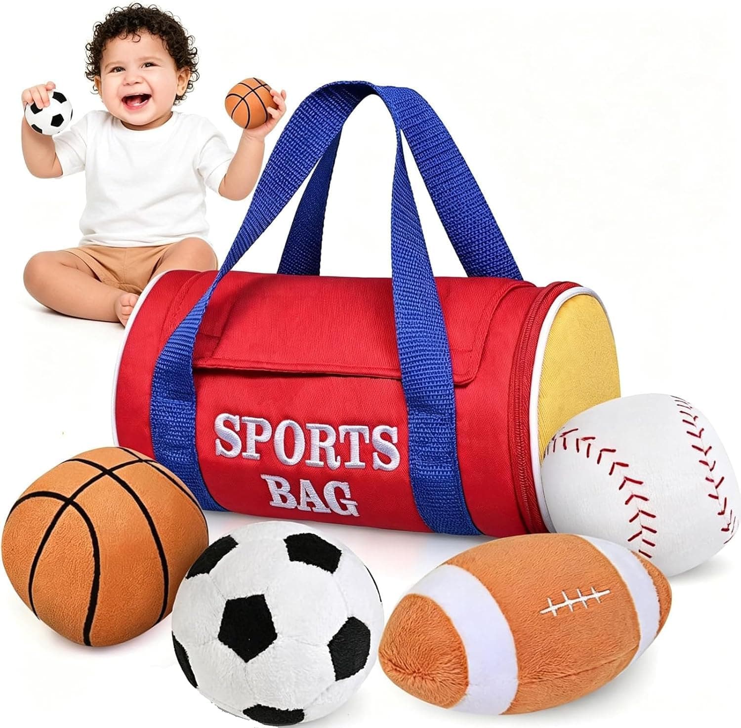 Baby Toys 0-12 Months-Mini Sports Bag Plush Montessori Toy with 4pc Sensory Balls Soft Toys with Crinkle, Rattles,for 0-3-6-9-12 Month Newborn Infant,1st Birthday for Babies Boys Girls (Ball)