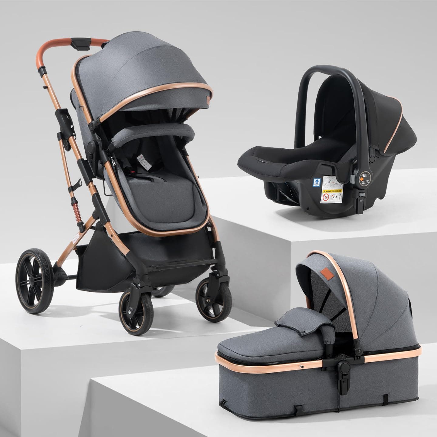 3 in 1 Stroller with Detachable Car Seat & Maternity Bed for Newborns, Foldable, Reversible Seat, Large Wheels with Shock Absorption System, Suitable from Birth to 4 Years (Gray)