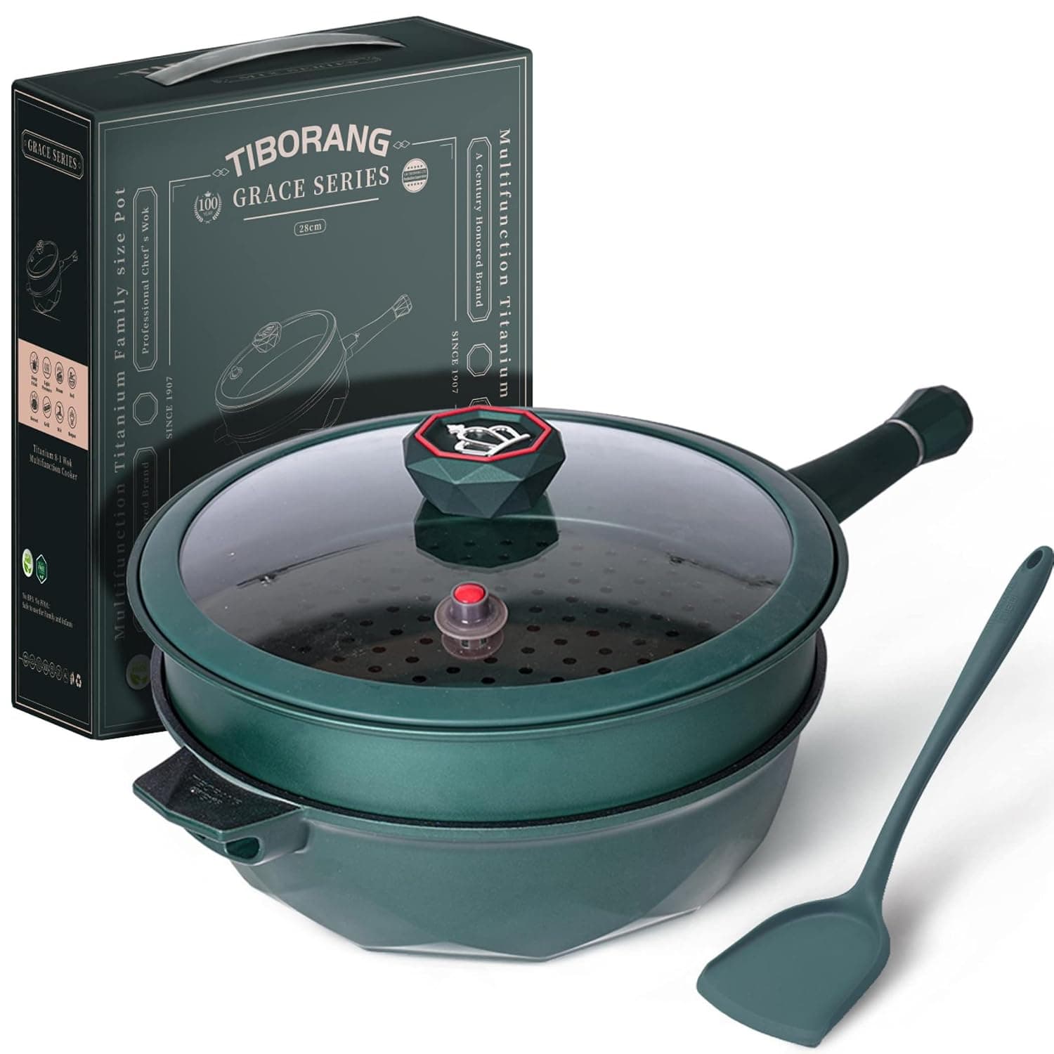 8 in 1 Nonstick Deep Frying Pan with Glass Lid, 11 Inch Large Skillet with Steamed Grid, PFOA-Free, Dishwasher&Oven Safe, Wok with All Stovetops(Green)