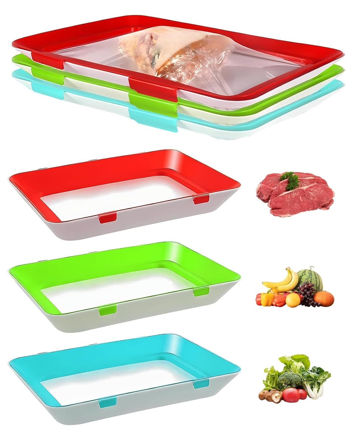 3-Piece Stay Fresh Food Container Set - Reusable Stretch Lid Storage Trays, Stackable Design for Meat, Vegetables, Fruit, Airtight Kitchen Organization