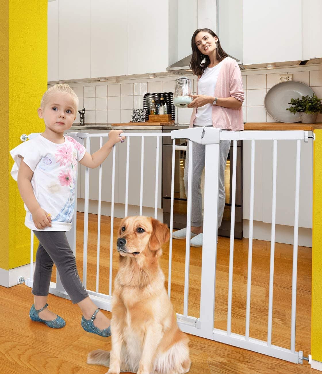 Auto Close Safety Baby Gate, Extra Wide Child Gate, The Maximum Suitable For 130 cm, Including 45 cm Extension Rack, Easy Walk Thru Durability Dog Gate for Stairs, Doorways