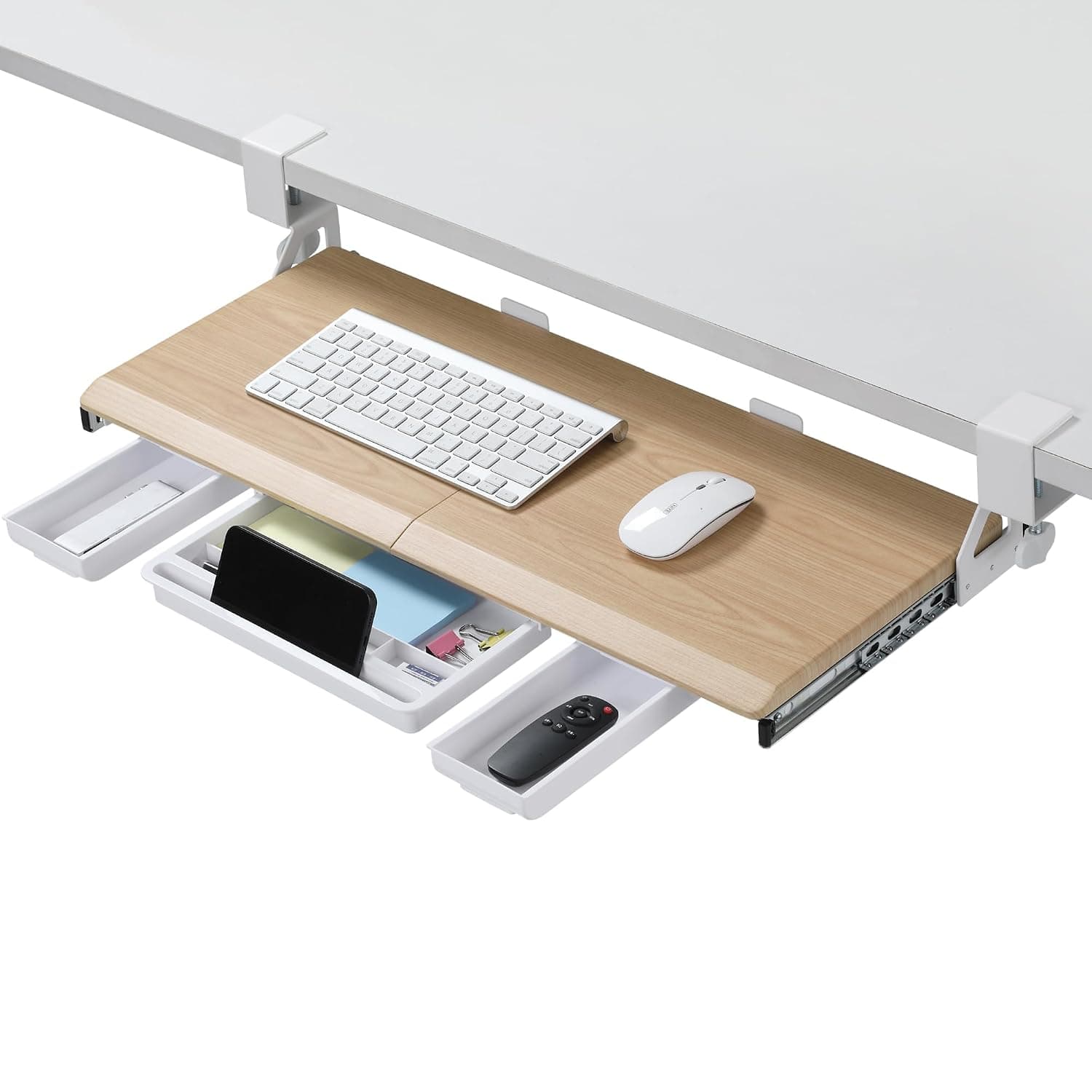 ETHU Under Desk Keyboard Tray with Storage Drawers 68x30cm | Retractable Keyboard Drawer with C-Clamp, Sliding Keyboard Shelf for Home and Office, Oak