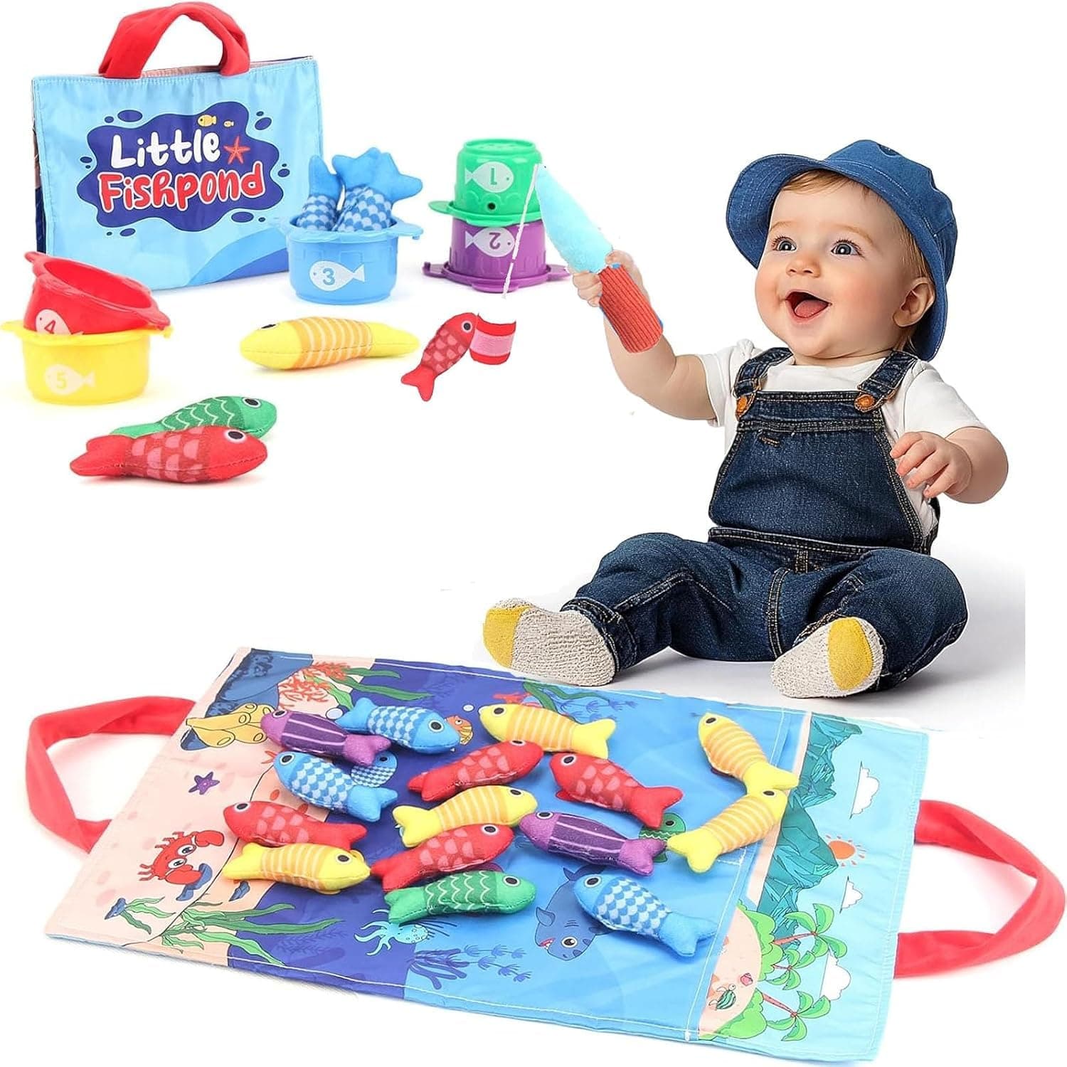Beauenty Montessori Vegetable Garden Toy for Babies 6-12 Months, Soft Plush Farm Toys with Crinkle, Rattle, Mirror, Educational Early Learning Baby Toy, Ideal Gift for Toddlers 1-3 Years Old (Fishing)