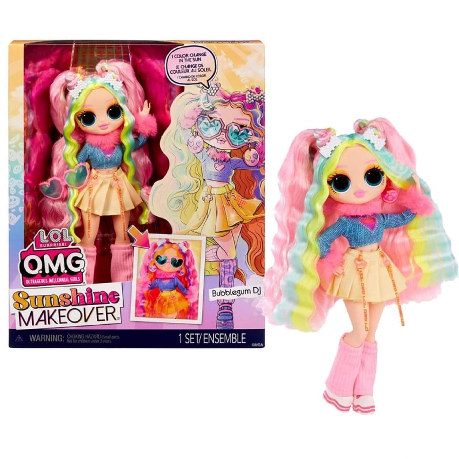 LOL Surprise OMG Sunshine Color Change Bubblegum DJ Fashion Doll with Color Changing Hair and Fashions and Multiple Surprises – Great Gift for Kids Ages 4+