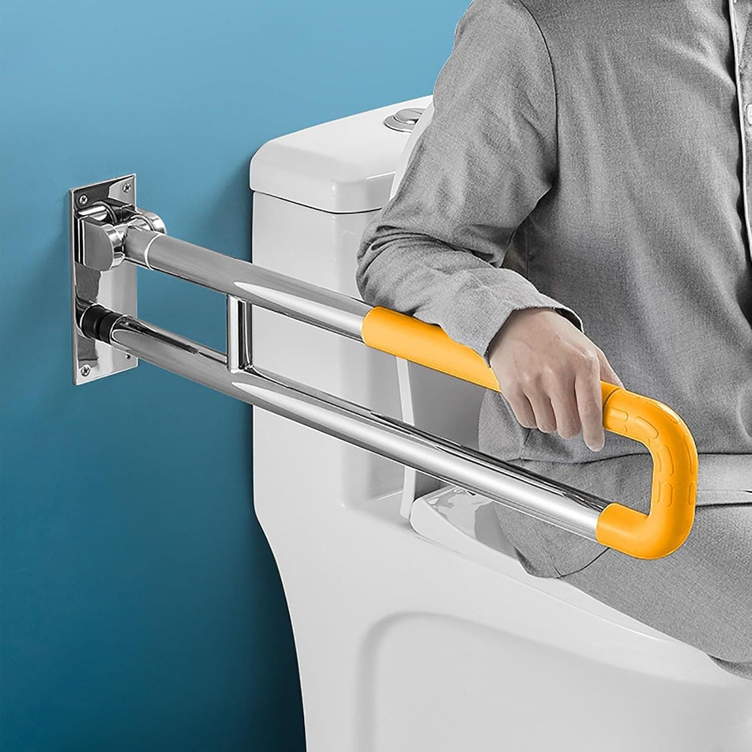 Foldable Wall Mounted Grab Bars Rails, Toilet Handrails Bathroom Support Safety Rail, Non Slip Flip Up Rails, Stainless Steel Commode Accessories Hand Bar Railing Shower Aid Assist(Yellow,60cm)
