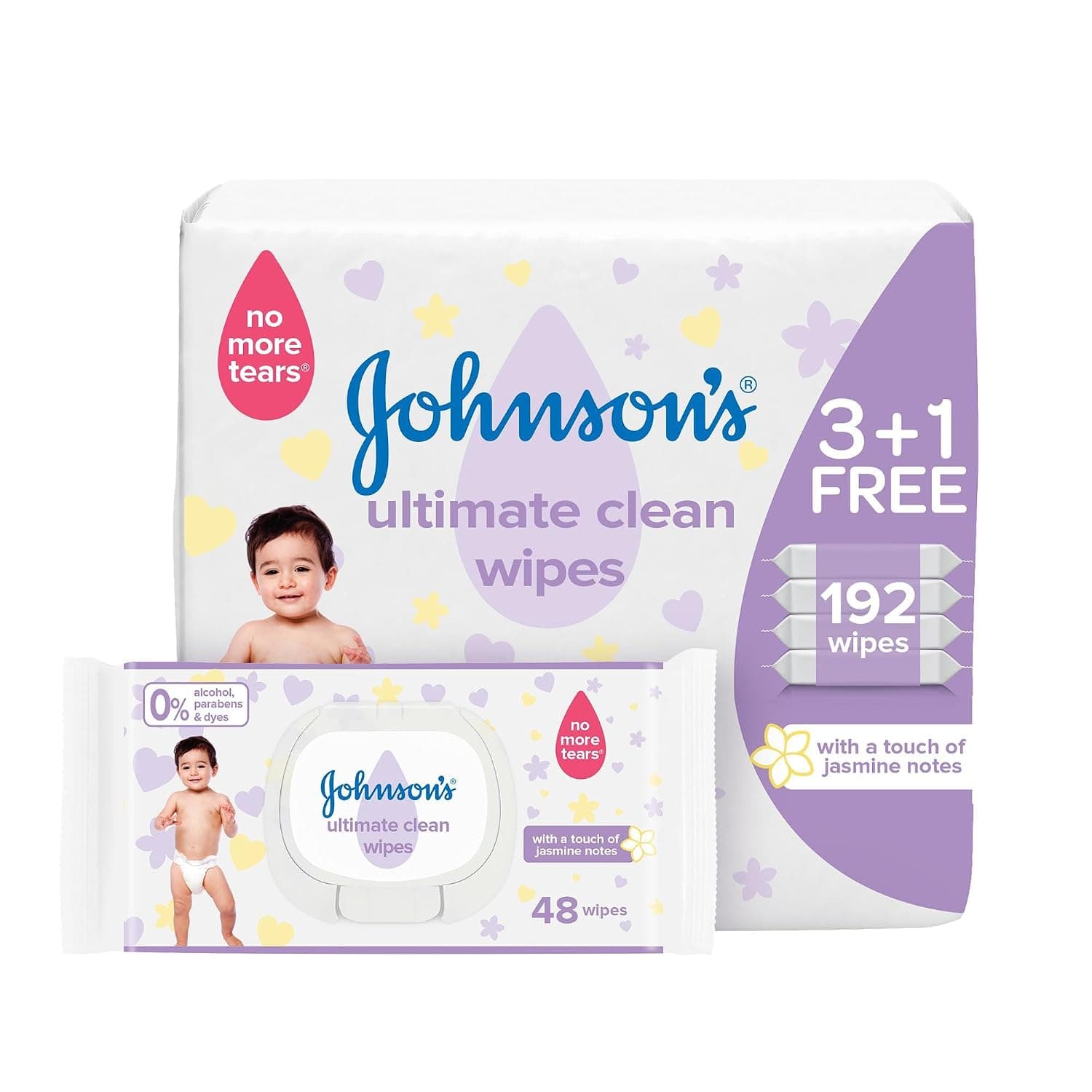 Johnson's Ultimate Clean Baby Wipes, No More Tears, with a Touch of Jasmine Notes, Alcohol, Paraben and Dye Free, Hypoallergenic, pH Balanced, Dermatologically Tested, 192 Wipes
