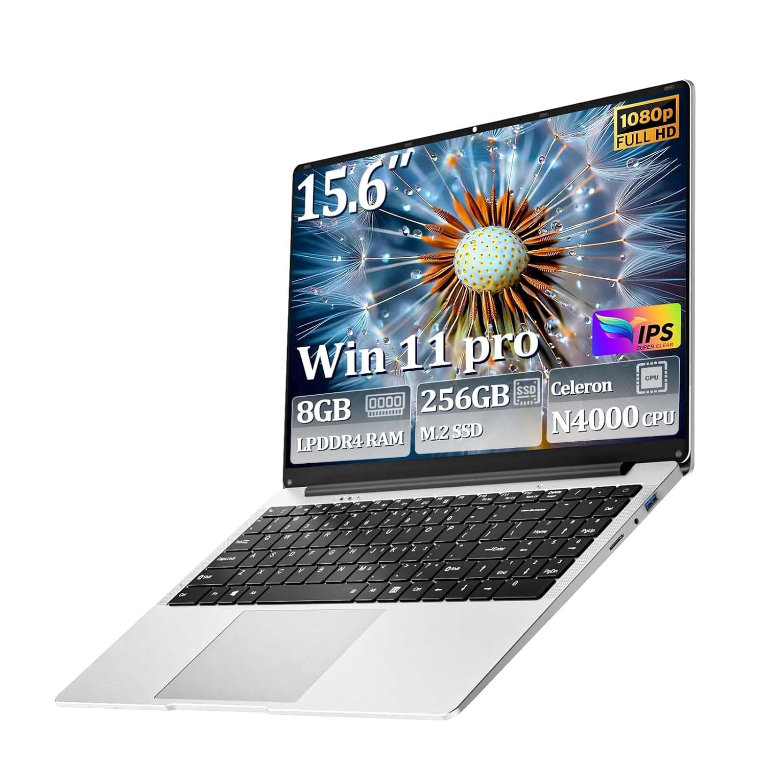2026 Laptop, 15.6 Inch Laptop Computer, Ultra-Thin Lightweight Lap top, Celeron N4000, 8GB RAM 256GB SSD, FHD 1080P, 180° Open, Win 11 Pro, WiFi 2.4/5G, BT4.2,Mini HDMI for Student & Business, Silver