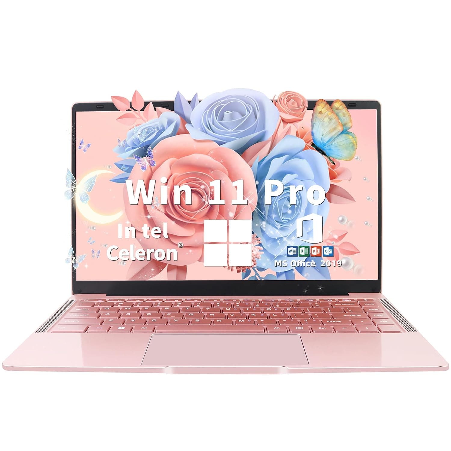 Ultra Light and Portable 14"" Rose Gold Laptop -Win11 Pro/Office 2019, Celeron J4105, FHD IPS Display, 6GB RAM, 180° Hinge/HDMI/WiFi/BT - Perfect for Travel, Work, Study, and Play! (512G SSD)