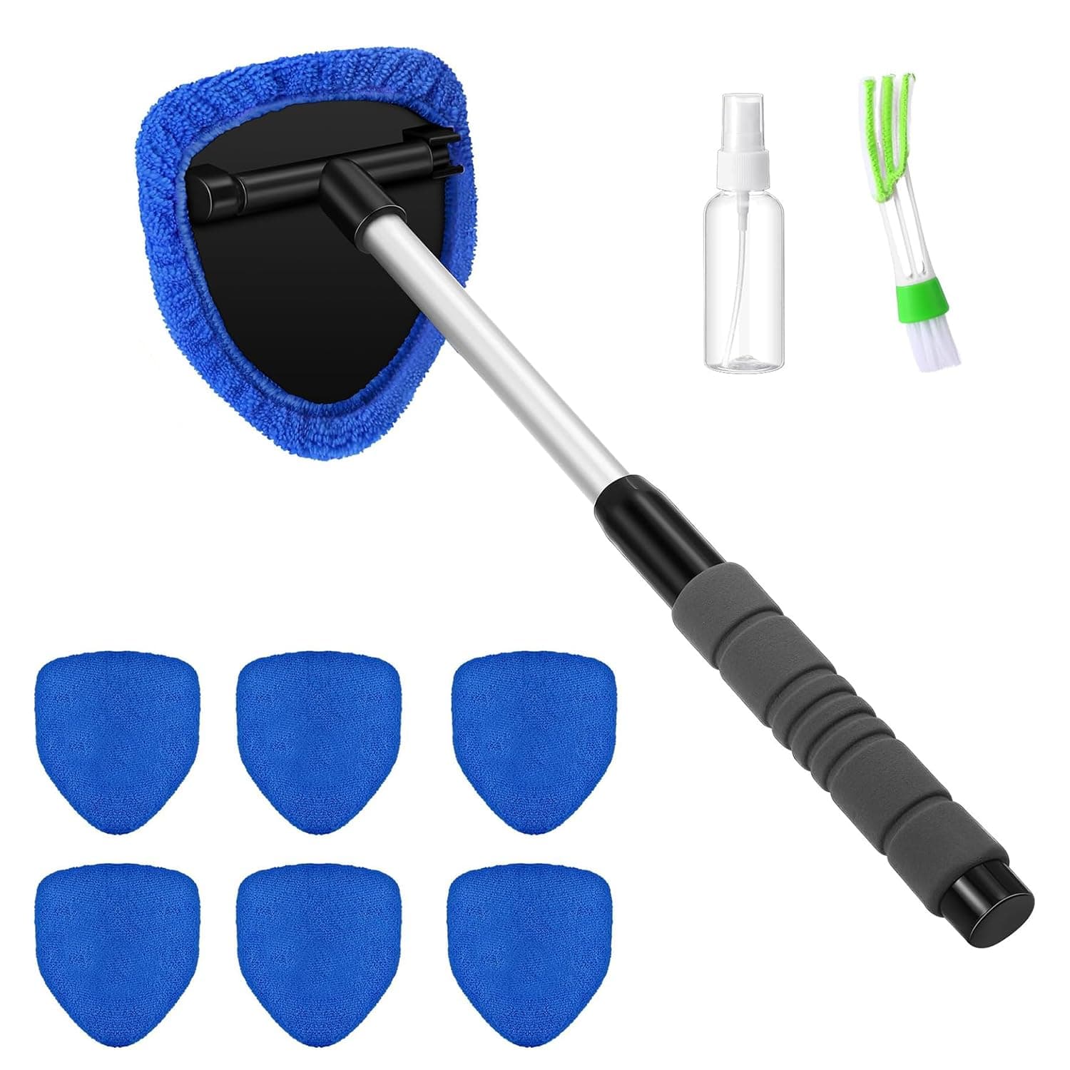 YelaJoy 9-Piece Car Cleaning Set, Glass Wiper Tools, Windshield Cleaner Tool (180° Swivel Head, 6 Microfiber Bonnets, Ventilation Brush, 100ml Spray Bottle) Durable Materials, for Car/Home Use (Blue)