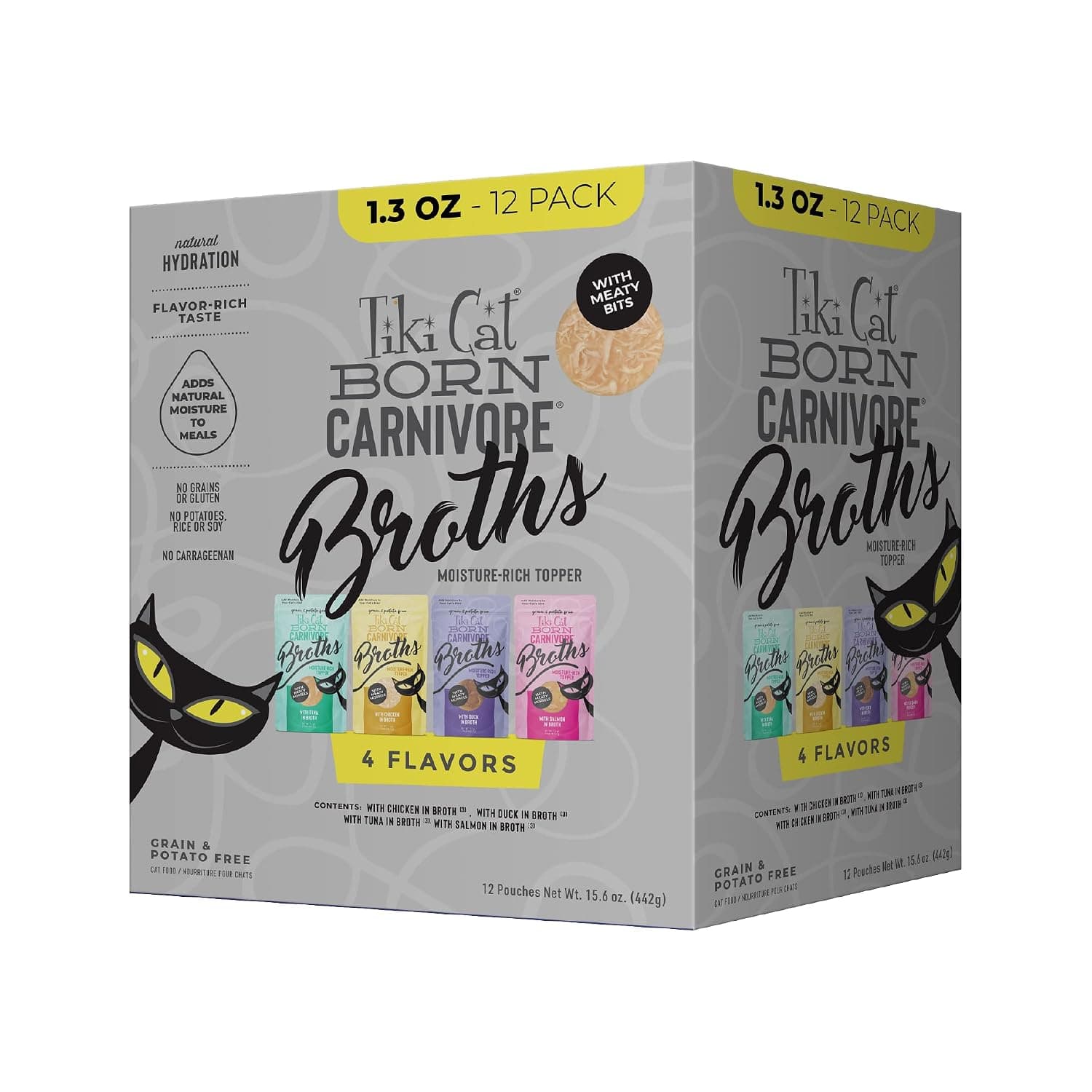Tiki Cat Born Carnivore Broths Variety Pack, Meaty Bites, Hydration and Flavor Supplement Wet Cat Food Topper, 1.3 oz. Pouch (Pack of 12) | Broths Texture, Adds Moisture, Real Tuna and Salmon, Grain-free, 12 Count Variety Pack, 1.3 Oz. Pouch (12 Count)