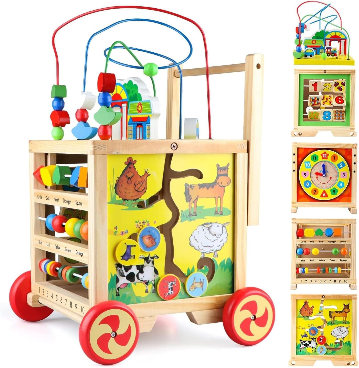 Wooden Activity Cube 6 in 1 Wooden Baby Walke Montessori Toys Educational Learning Sensory Toys for Baby Toddler Kid Boy Birthday Gift, Bead Maze Shape Sorter Abacus