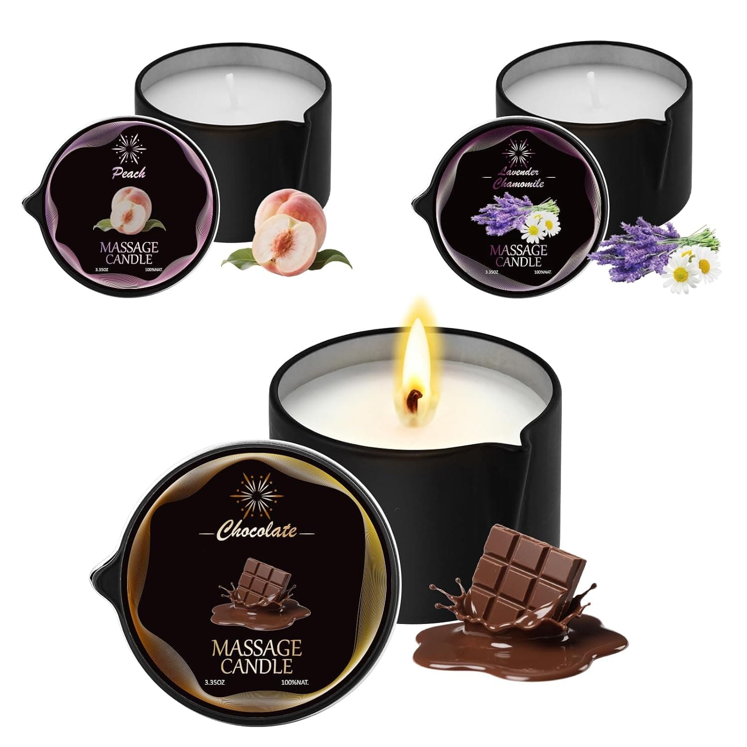 3 Pack Low Temperature Massage Candle & Lotion Candle Set, Soy Wax with Jojoba & Shea Butter, Melts into Moisturizing Skin Oil for Home Spa & Relaxation, 2.35 oz - 3 Scents