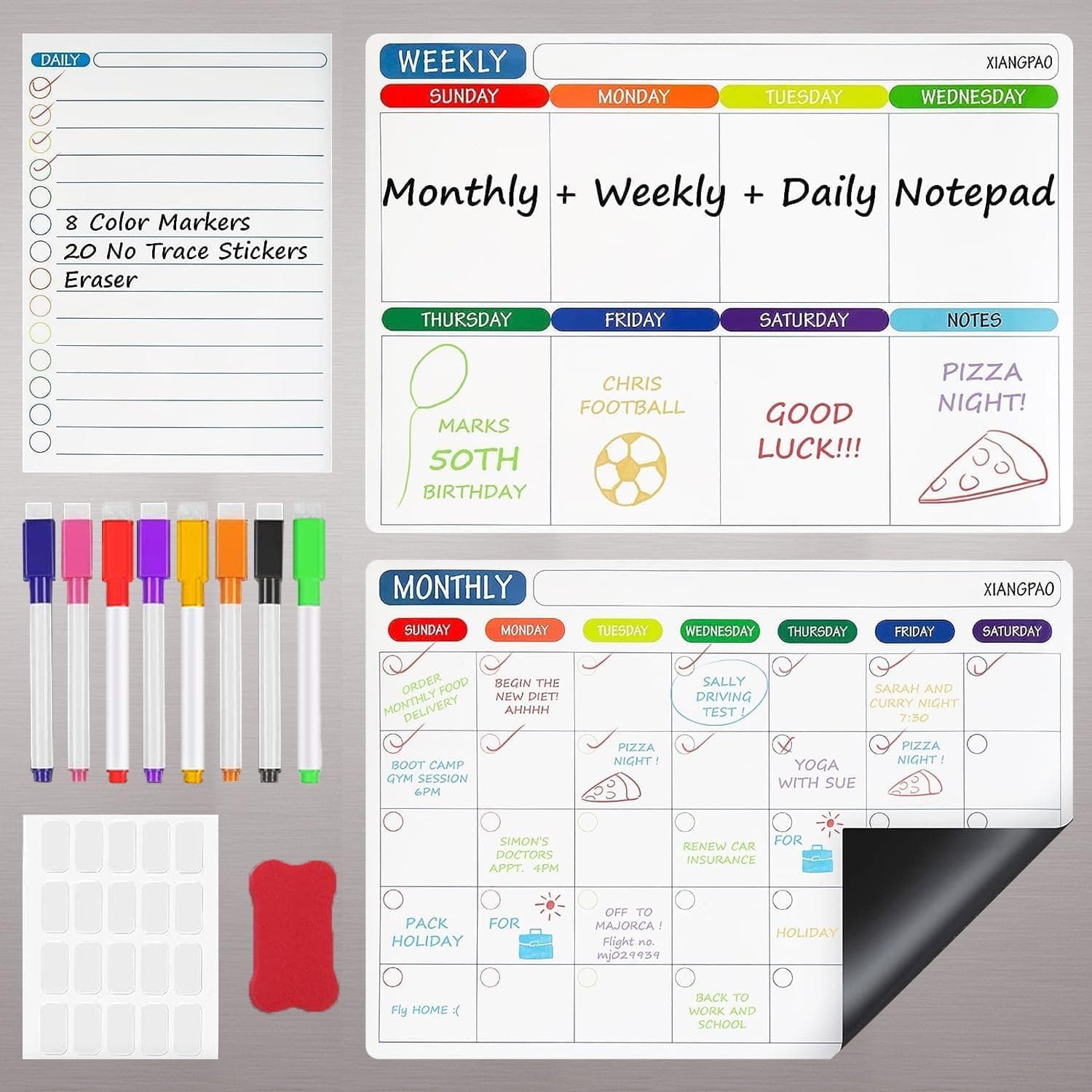 Dry Erase Magnetic Calendar for Refrigerator, 3 Pack- Monthly & Weekly & Daily Planner Magnet Whiteboard for Fridge Wall Door - Shopping, Meal/Menu, To Do List (Style-B)