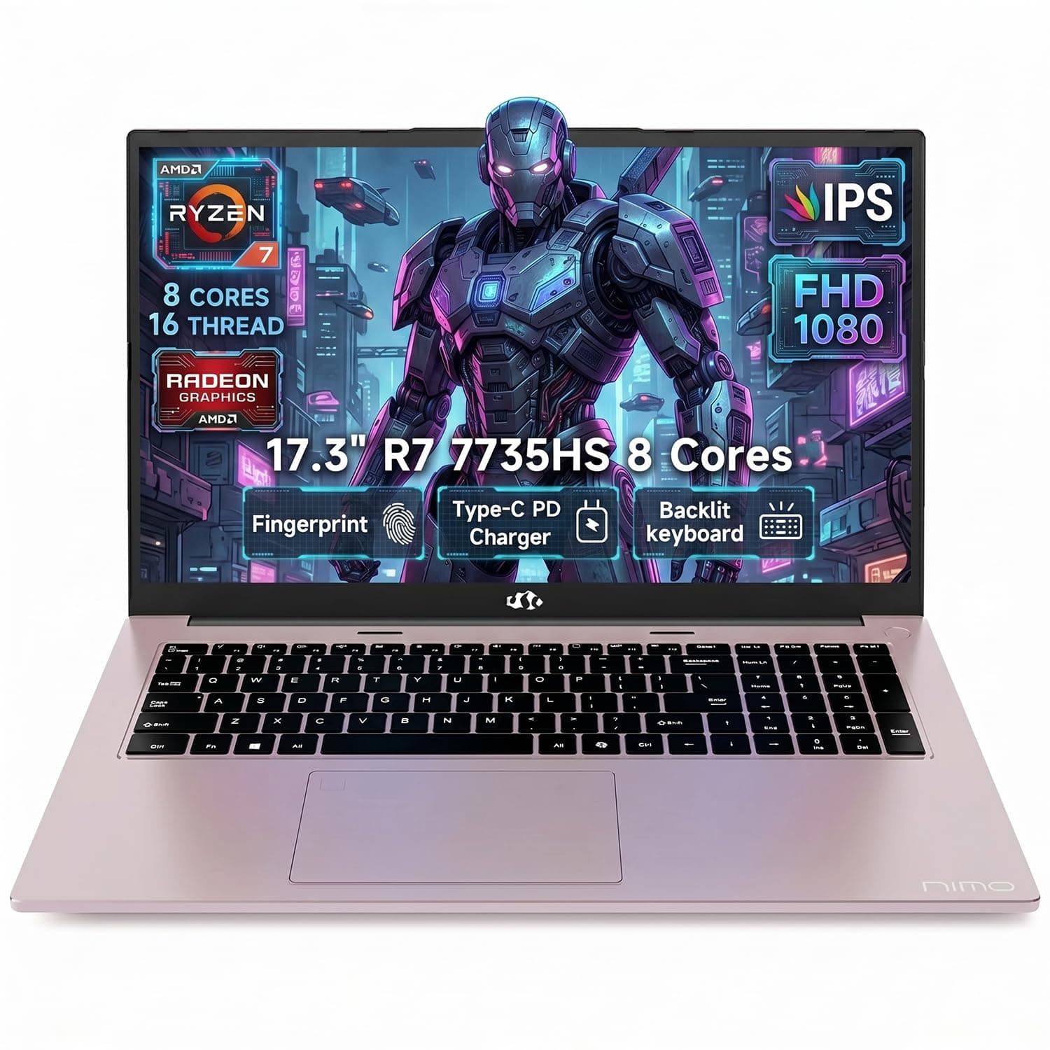 NIMO 17.3" FHD Gaming Laptop – Ryzen 7 7735HS 8-Core/16-Thread, Radeon 680M Graphics, 16GB DDR5, 1TB NVMe SSD, Light Gaming & Esports Ready, Backlit Keyboard, Fingerprint Unlock, 100W PD Type-C