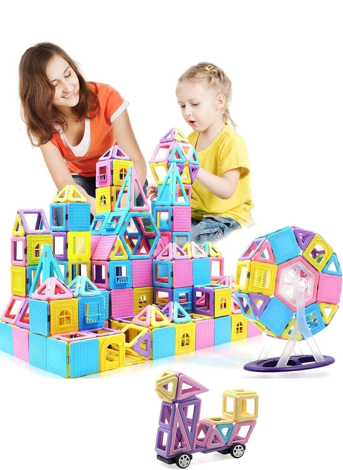 Magnetic Tiles 124pcs Magnet Building Blocks Set Creative Stacking Toys for Kids, 3D DIY Construction Kit Preschool Child Montessori Toys STEM Learning Toys Gifts for Girls Boys