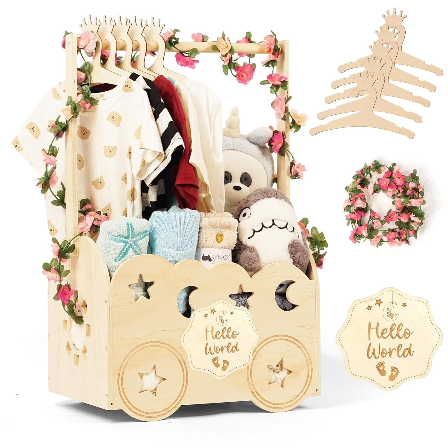 Wooden Baby Shower Basket with Hanger Rack - Personalized Baby Gift, Newborn Essentials Organizer for Nursery, Welcome Gift Basket for Newborn, Pregnancy Gifts for New Parents.