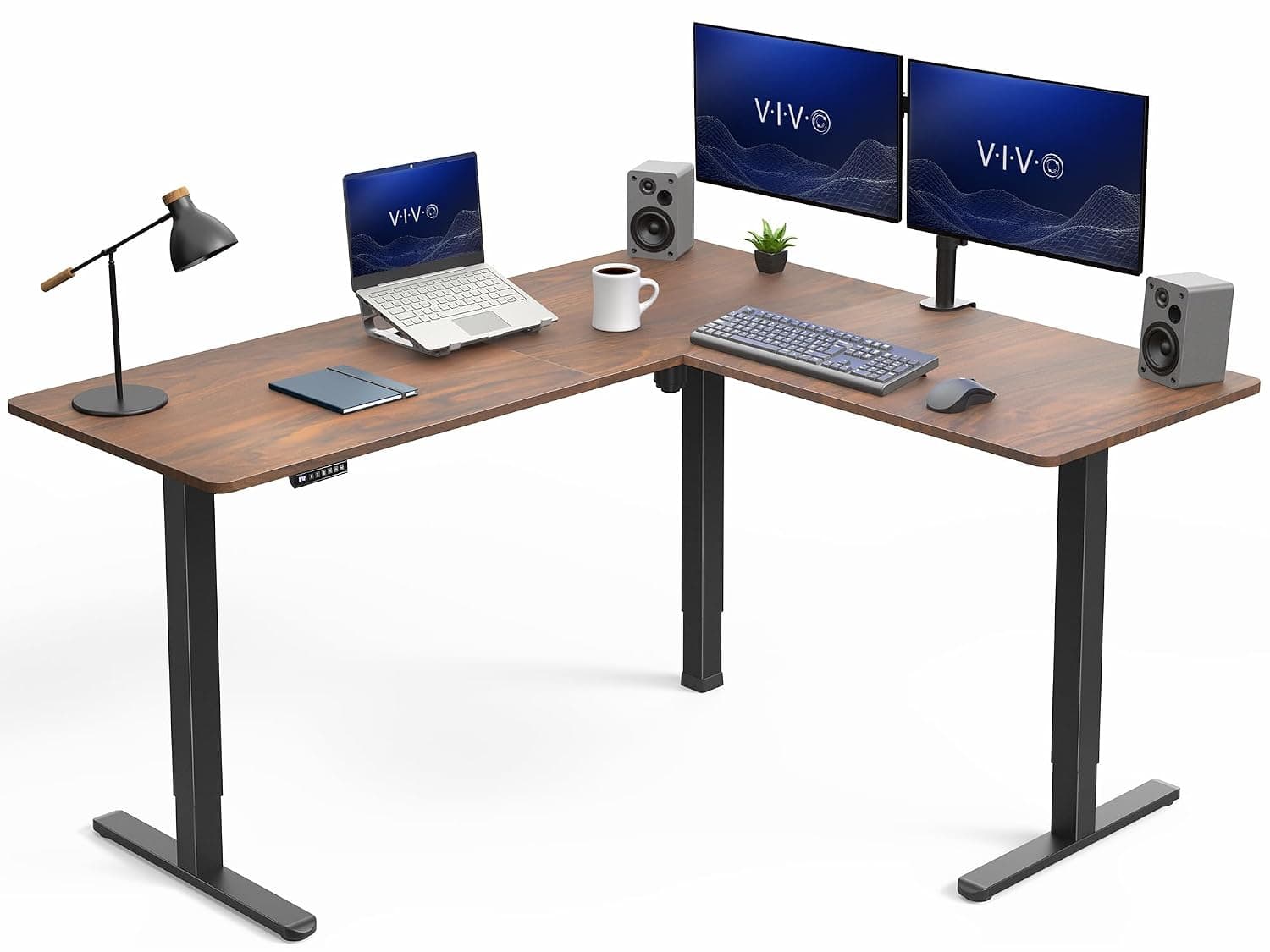 VIVO Electric Corner 63 x 55 inch L-Shaped Standing Desk, Memory Height Adjustment, Dark Walnut Top Black Frame, DESK-E3CTD