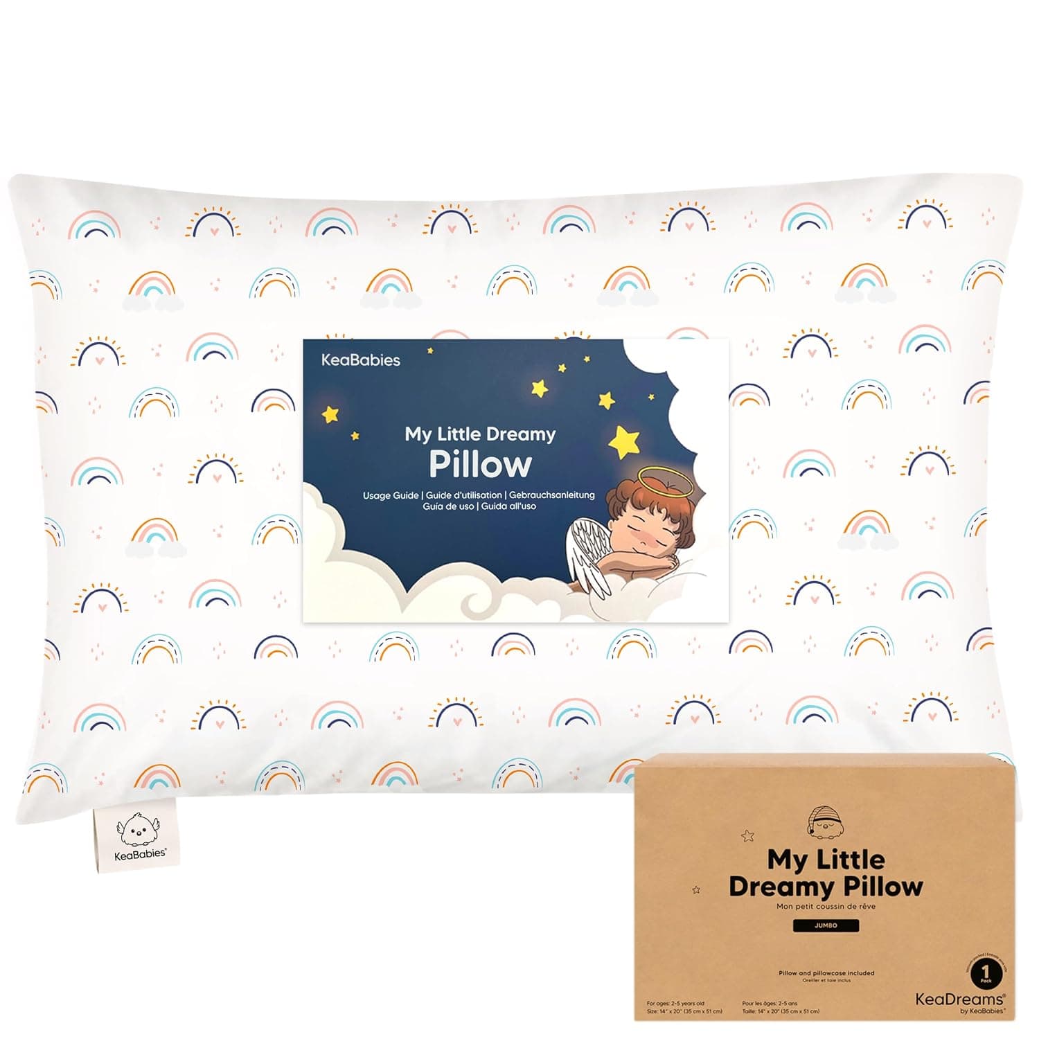 KeaBabies Organic Toddler Pillow with Pillowcase,Jumbo 14X20(Jolly Rainbow) | Soft Cotton Toddler Pillows for Sleeping, Machine Washable, Perfect for Travel, School, Daycare, Nap, Kids Toddler Bed Set