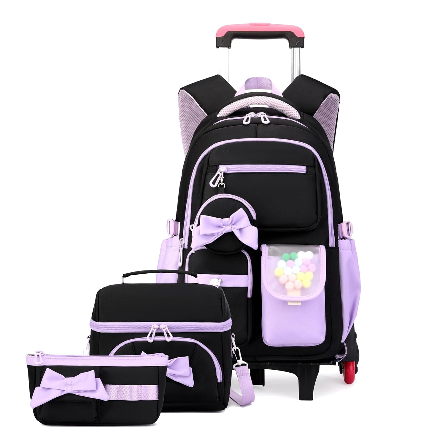 ZHANAO Rolling Backpack for Girls 3PCS Kids Backpack Set Cute Trolley Bags for Elementary Middle High School Wheeled Bookbags