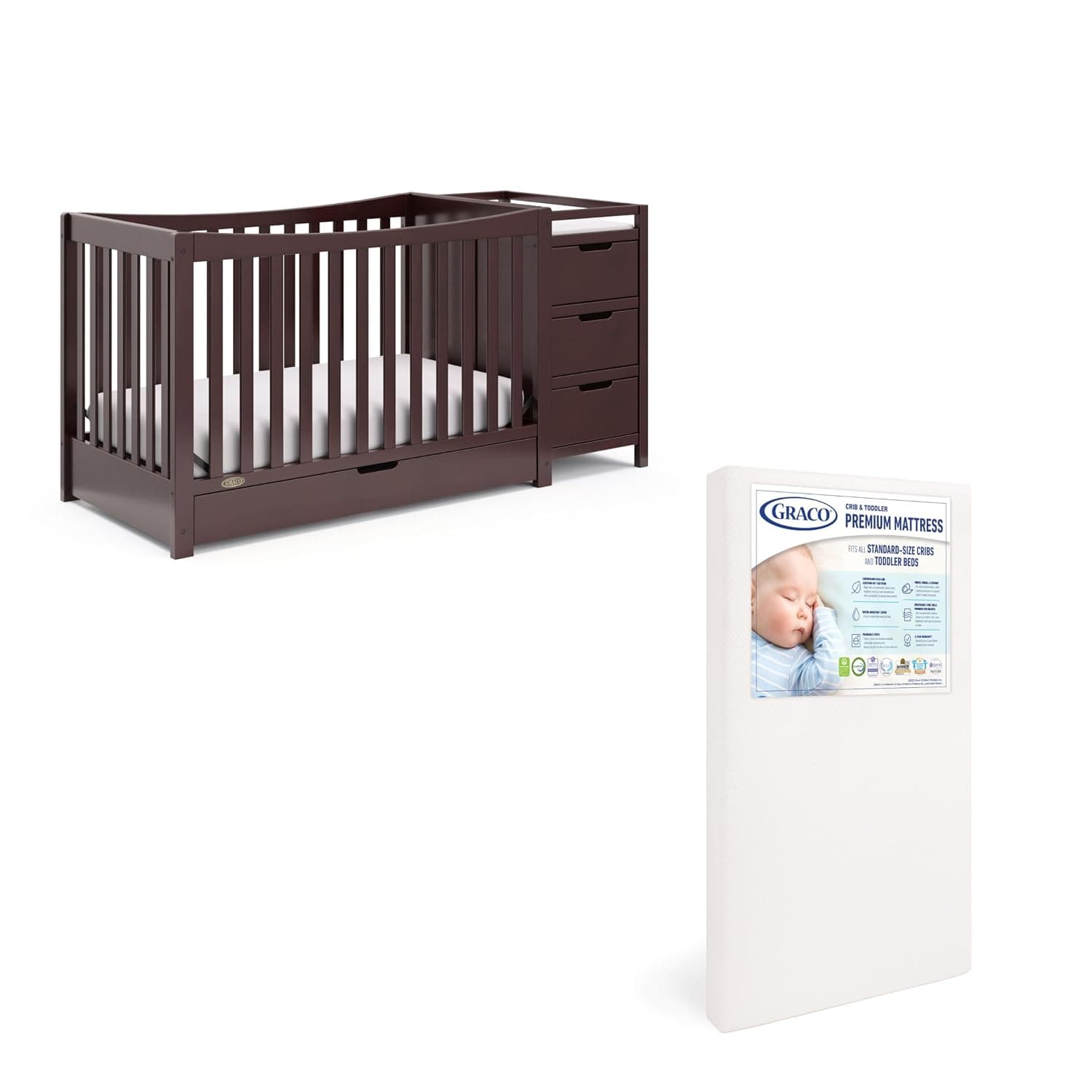 Graco Remi Crib and Mattress Nursery Essentials Pack (Espresso) – GREENGUARD Gold Certified Baby Crib & Crib Mattress, Cribs with Mattress Included, Convertible Crib, Baby Mattresses for Crib