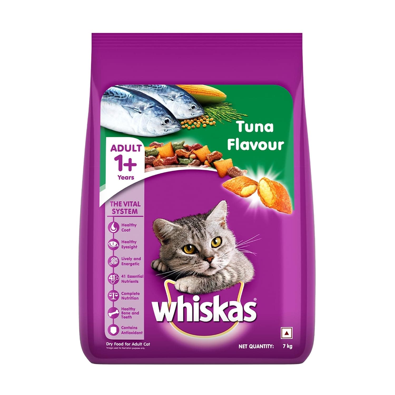 Whiskas Tuna Dry Cat Food, Bag of 7Kg, for Adult Cats 1+ Years, Complete Nutrition and Great Taste Food