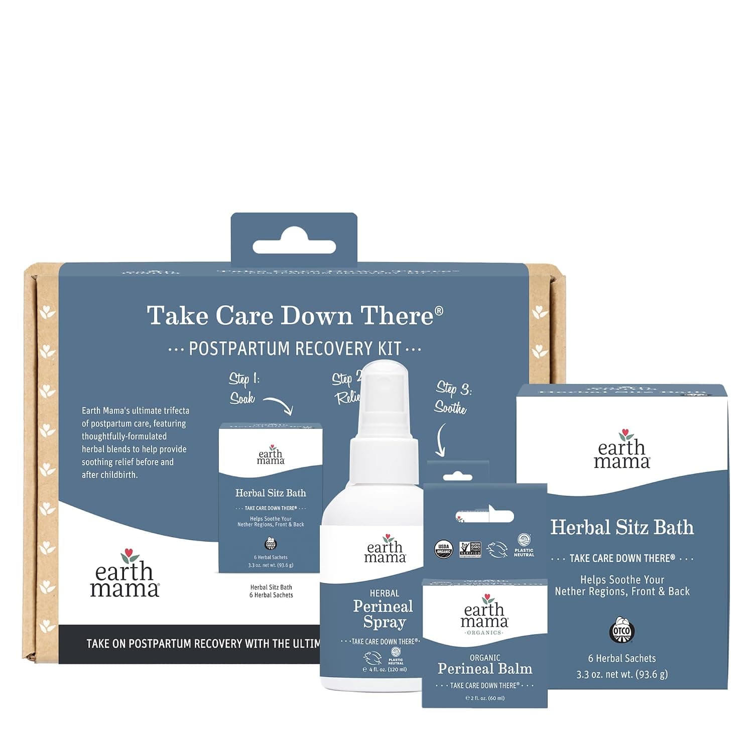 Earth Mama Postpartum Recovery Kit, Take Care Down There® Trifecta with Organic Perineal Balm, Sitz Bath & Herbal Peri Spray, 3-Piece Set