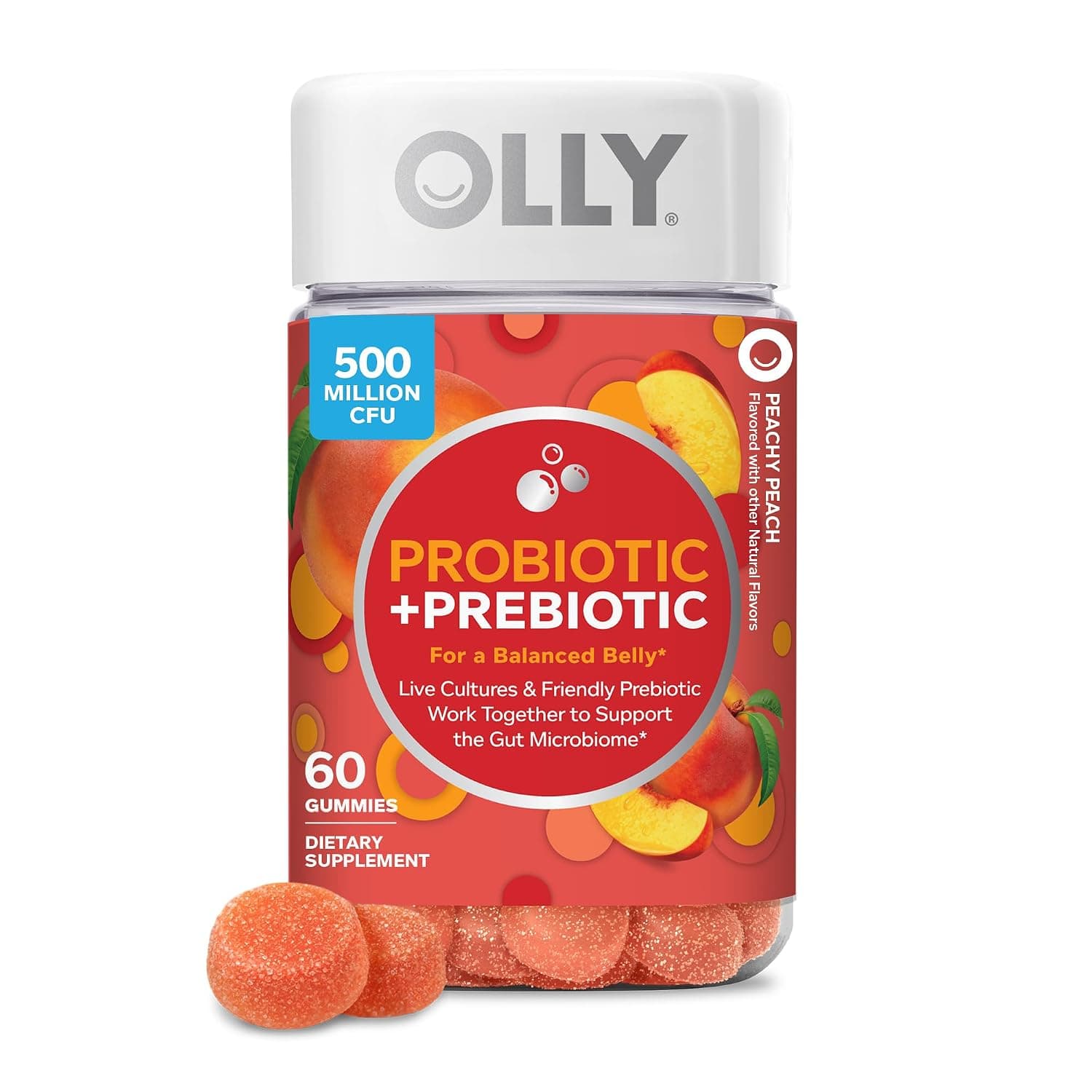 OLLY Probiotic + Prebiotic Gummy, Digestive Support and Gut Health, 500 Million CFUs, Fiber, Adult Chewable Supplement for Men and Women, Peach, 30 Day Supply - 60 Count