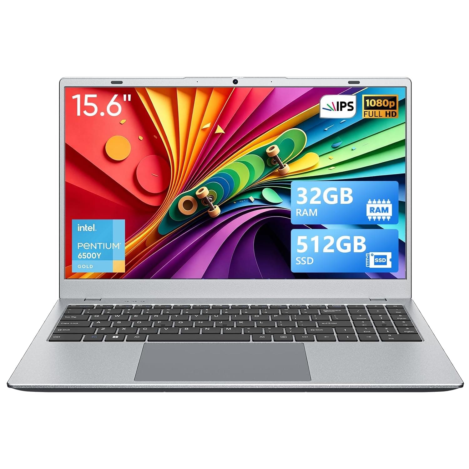 15.6" Laptop, 32GB RAM 512GB SSD, Pentium Gold 6500Y, 1080P IPS | WiFi5 & BT5.0, Type-C & USB3.2, Full-Size Keyboard with Numpad, Privacy Camera, Office 2024 for Business Student & Home Win11
