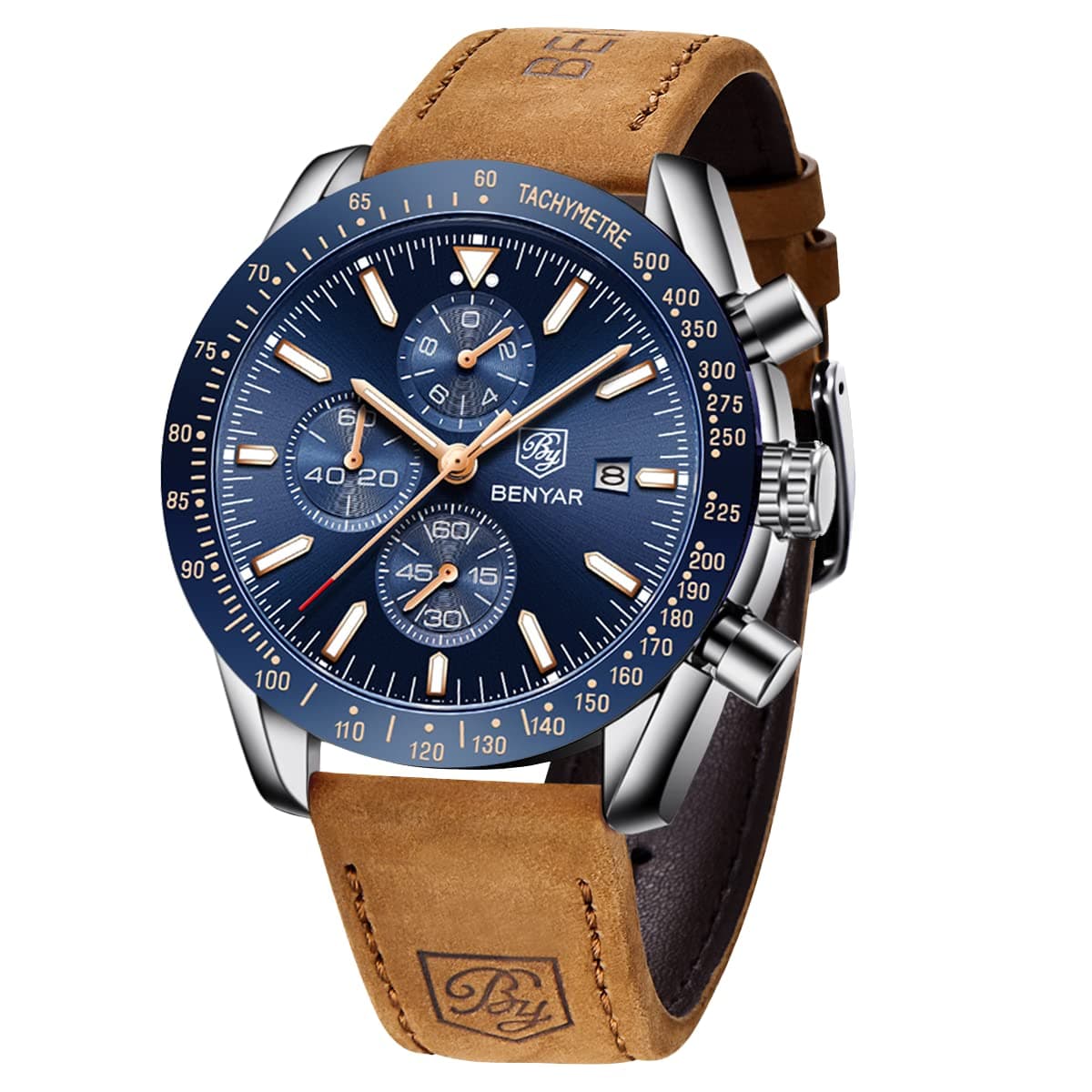 BY BENYAR Men's Waterproof Analog Quartz Chronograph Luminous Date Large Dial Classic Business Fashion Watches Leather Strap Elegant Gift for Men
