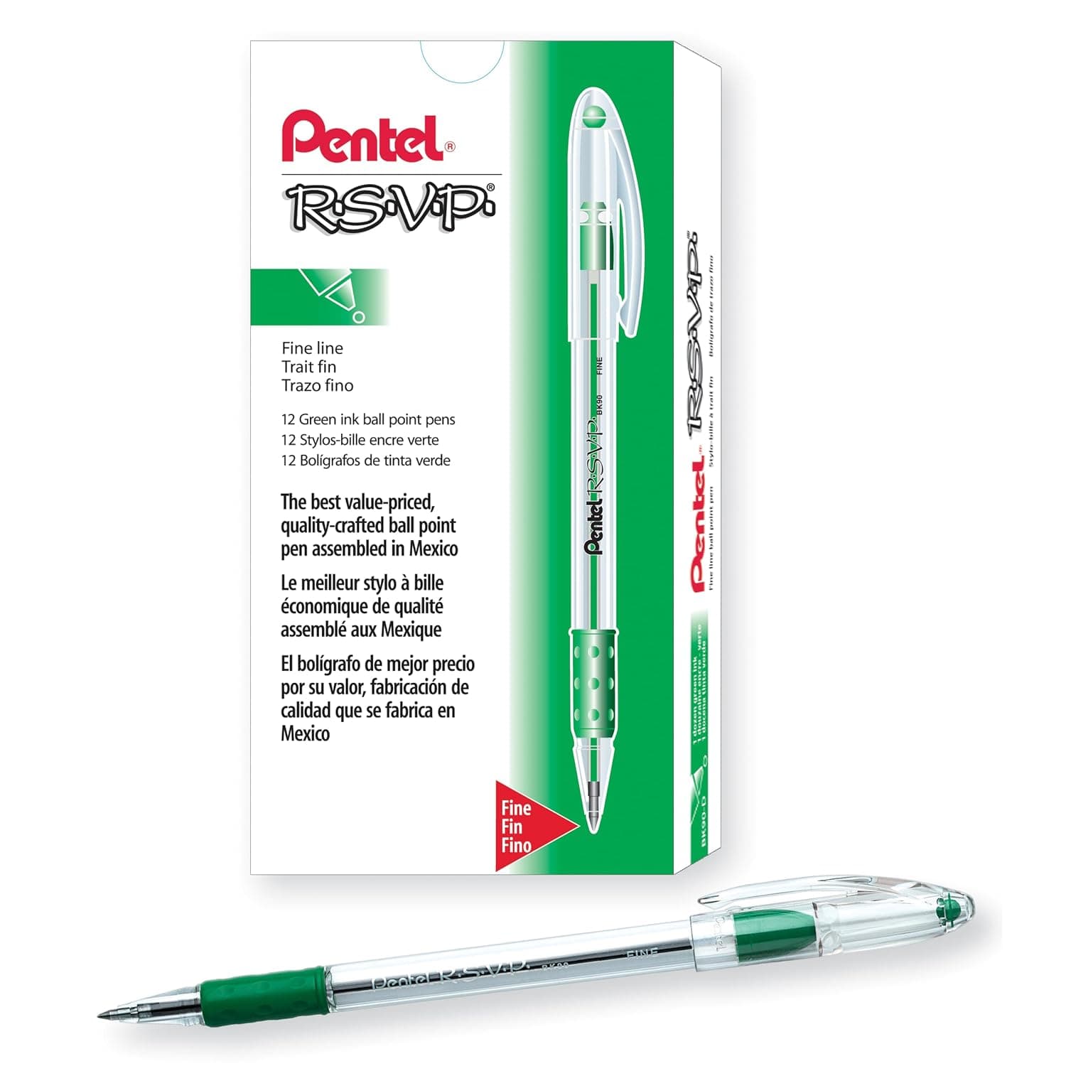 Pentel R.S.V.P. Ballpoint Pen, 0.7mm Fine Tip, Green Ink, Box of 12 (BK90-D)