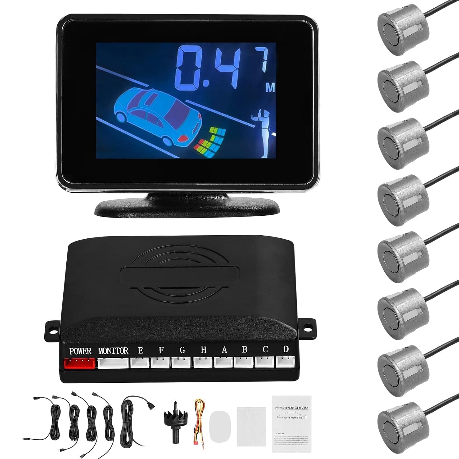 Car Parking Sensor, LCD Display System, 8 Durable Sensors, Real-Time Distance Detection for Vehicles (Grey)