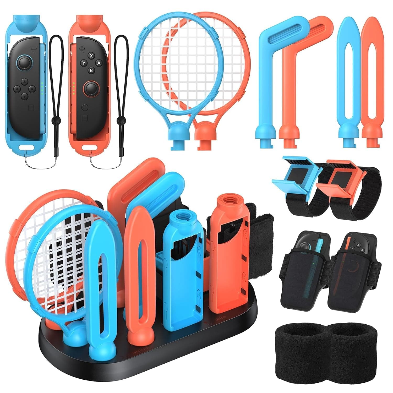 Sports Game Accessories Bundle for Switch & Joy-Con, Compatible with NS1 & 2, Storage Base & Family Fun Pack, Joy-Con Grips, Rackets, Swords, Golf Clubs, Straps, and Wristbands, Switch Sports Games